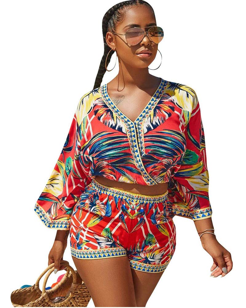 Women's 2-Piece Outfits Summer Boho Floral Print Crop Top & Shorts Set - Casual Beachwear, Vacation Outfit, Street Style Fashion