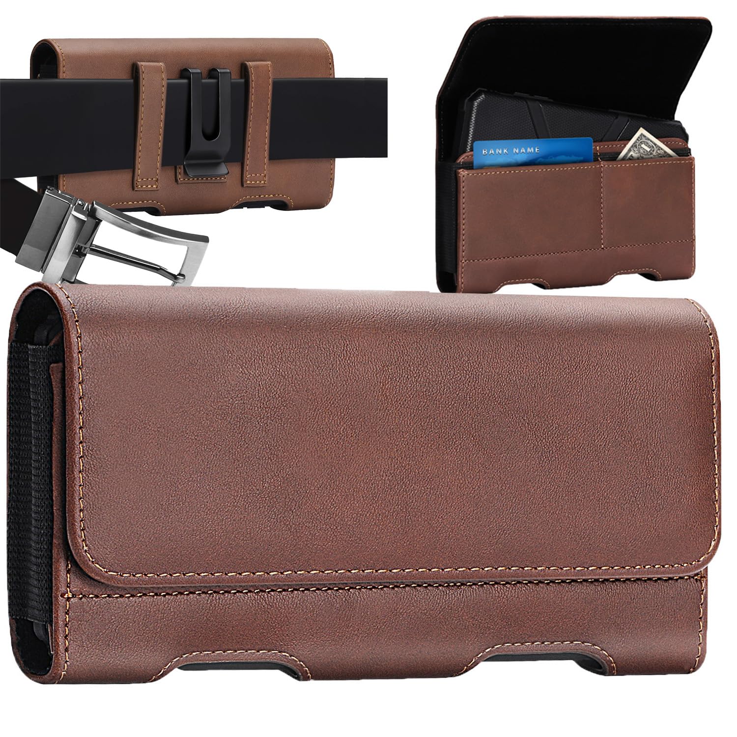 Premium Leather Phone Holster for Samsung S24 Ultra, S23 Ultra, S22 Ultra, Note 20 Ultra, Note 10 Plus, A Series & iPhone 15 Pro Max - Belt Clip Carrying Pouch with Card Holder (Brown) - Perfect for Work, Travel & Outdoor Activities
