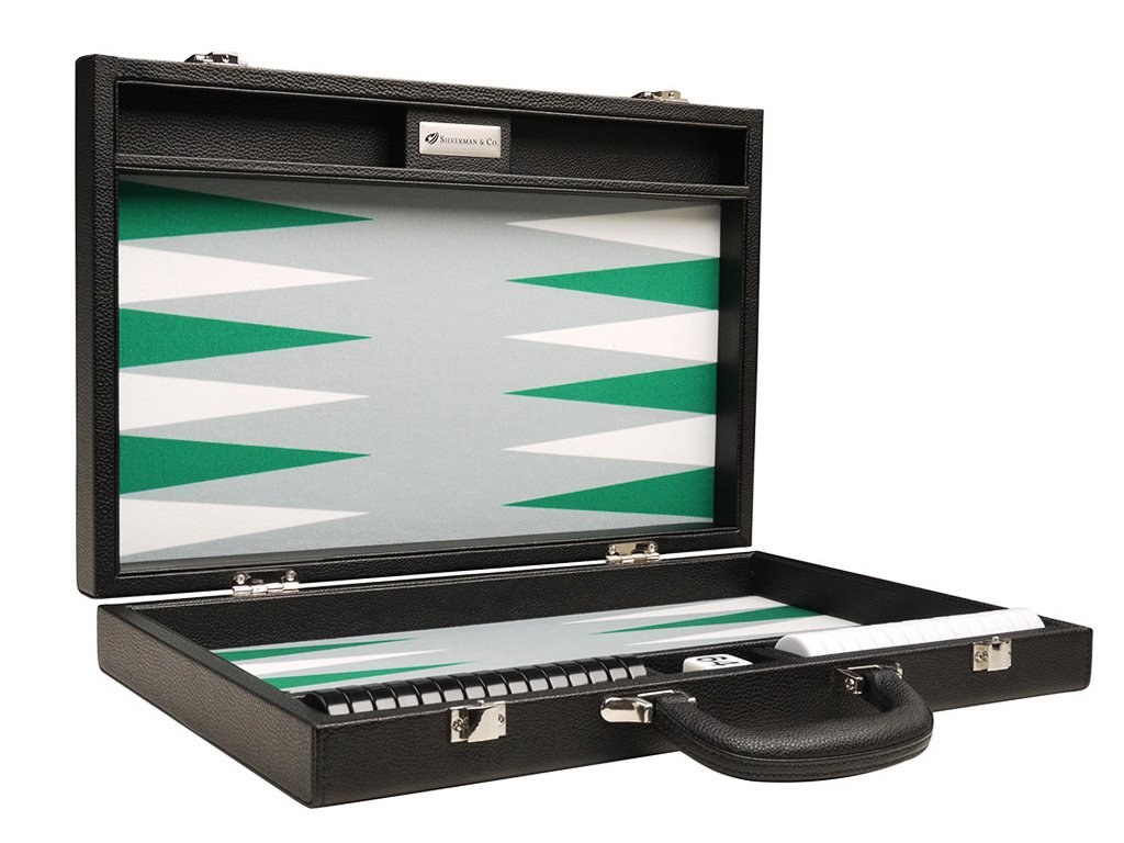 Premium 16-inch Backgammon Set with Black Board & White/Green Points - Medium Size Travel Game for Adults, Family Game Night, Casino Style Board Game