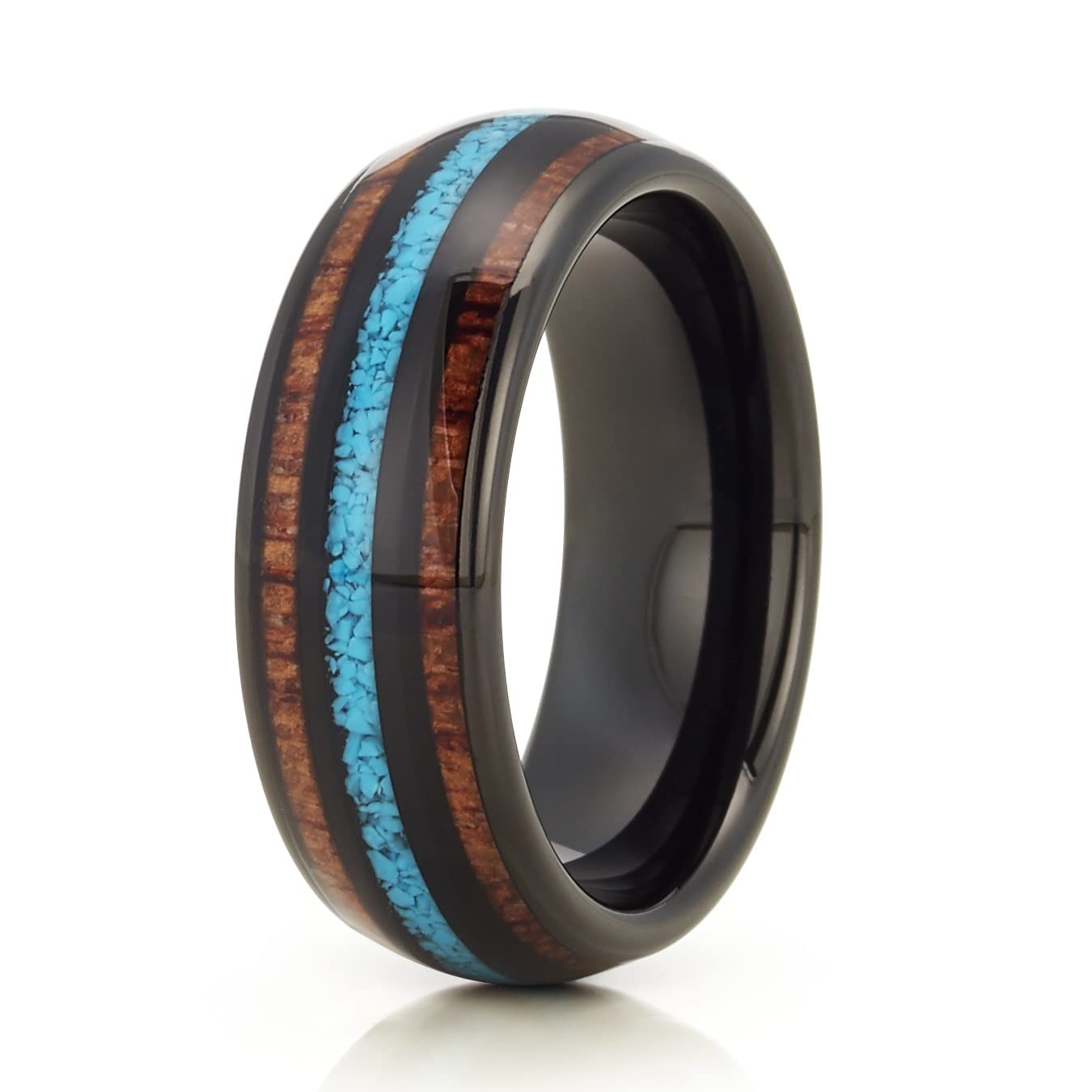 Black Tungsten & Koa Wood Wedding Ring for Men - 8mm Comfort Fit Anniversary Band with Turquoise Inlay - Durable & Stylish for Everyday Wear, Groomsmen Gifts & Couple Matching Sets