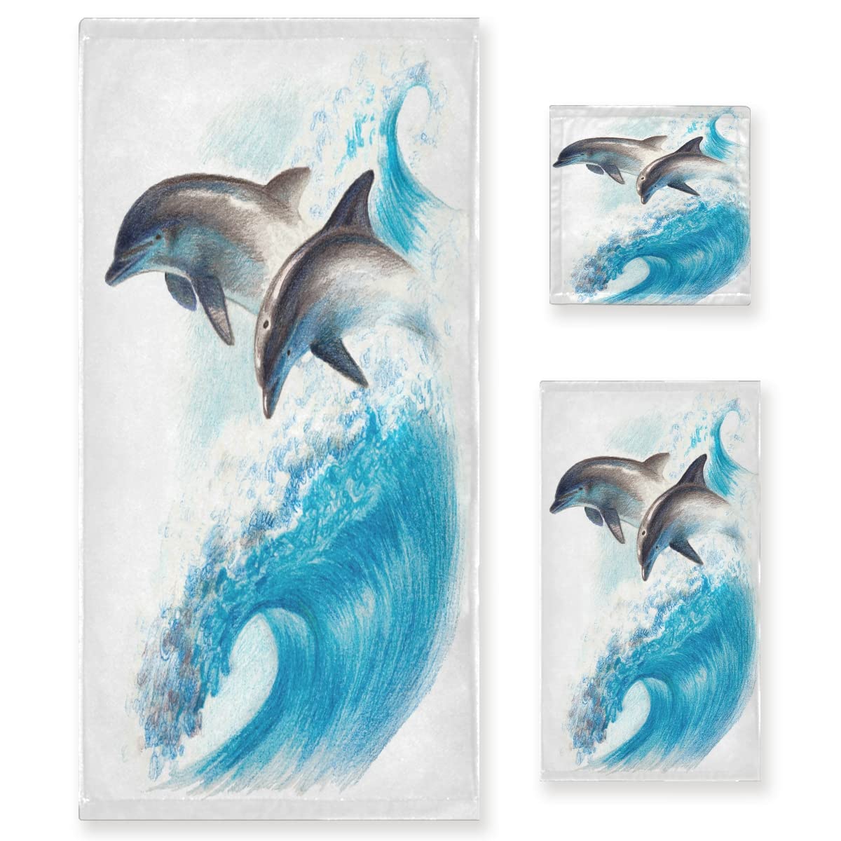 3-Piece Nautical Dolphin Bath Towel Set - Super Absorbent, Soft & Quick-Dry Cotton Bath Sheets for Bathroom, Beach & Pool Use