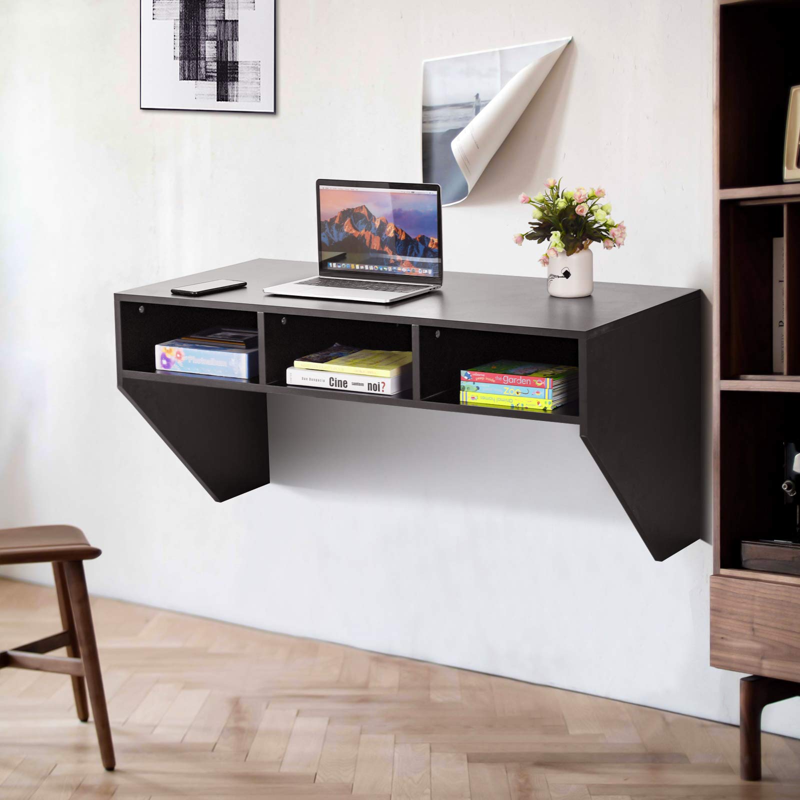 Giantex Wall Mounted Floating Computer Desk with 3 Storage Shelves - Compact Writing Study Table for Laptop, PC - Perfect for Small Spaces in Living Room, Bedroom & Home Office (Black) - Ideal for Remote Work, Online Classes & Space-Saving Home Organization