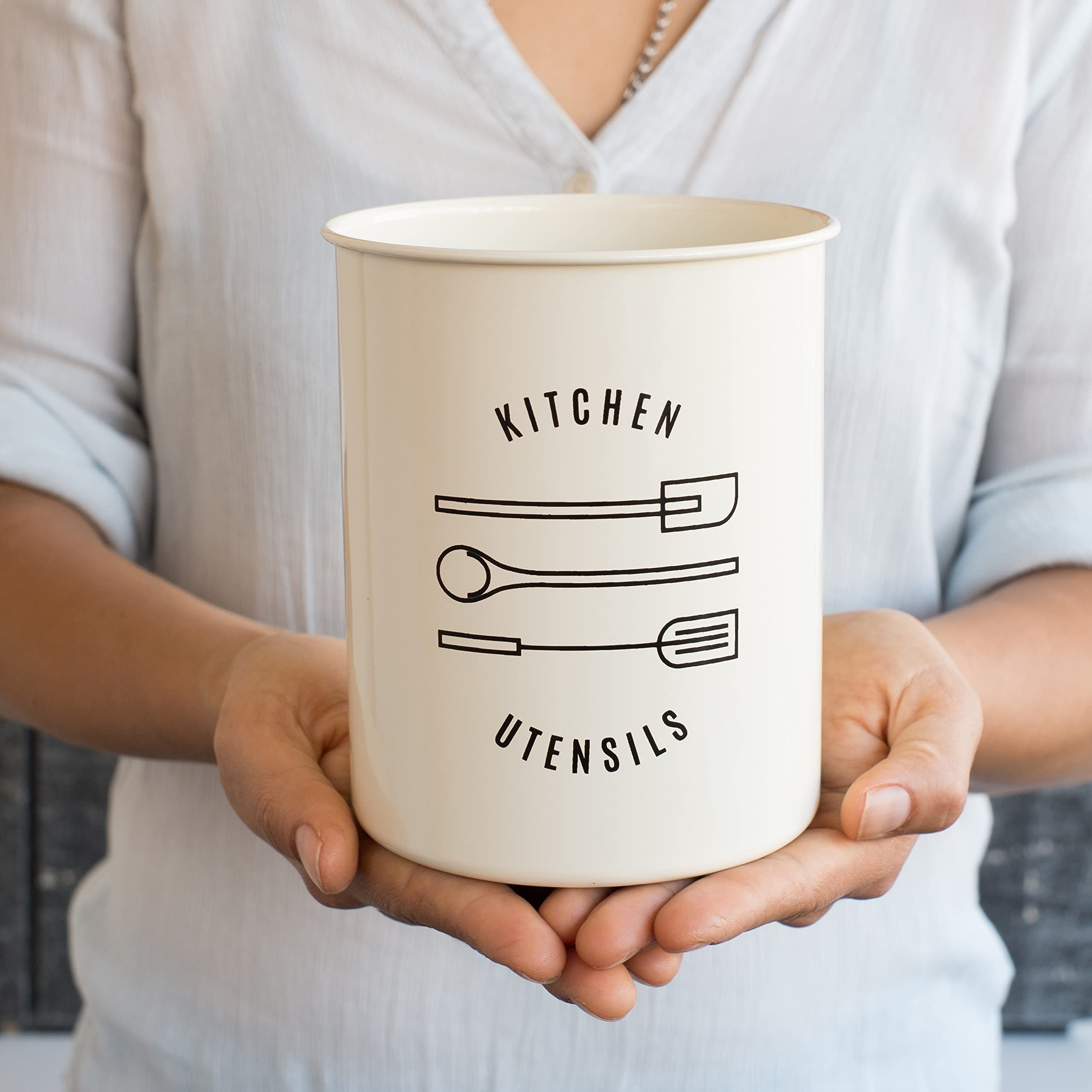 Now Designs Powder-Coated Steel Utensil Crock in Ivory - Stylish Countertop Storage for Kitchen Utensils, Spoons & Cooking Tools - Perfect for Farmhouse, Modern or Rustic Kitchens