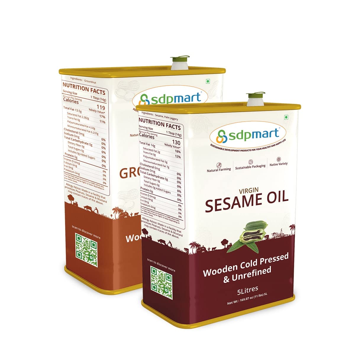 10L Cold Pressed Virgin Sesame Oil & Peanut Oil Combo Pack - Ideal for Cooking, Salad Dressings & Asian Cuisine