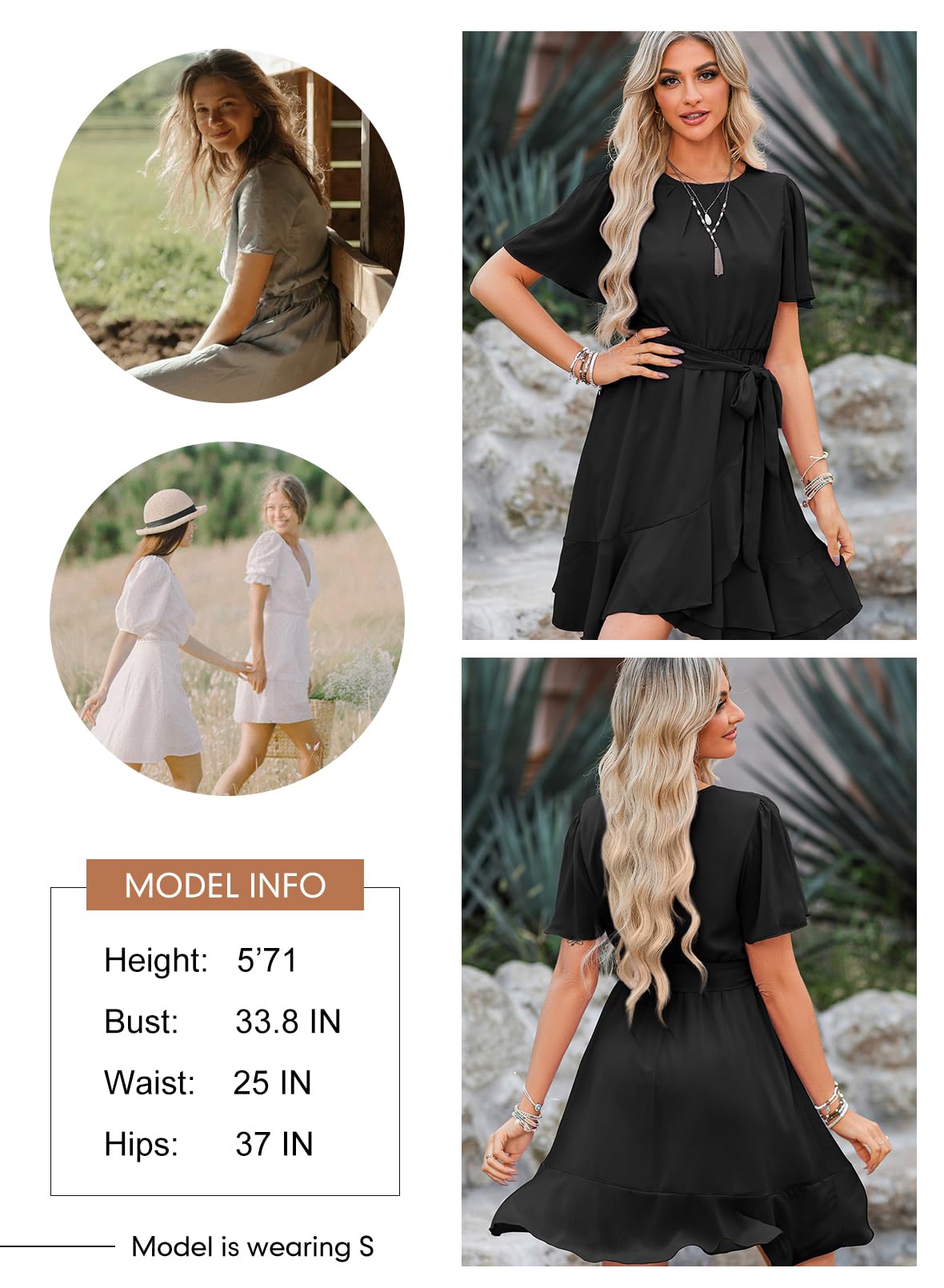 Dokotoo Women's Summer Dresses 2025 - Crewneck Short Sleeve Waist Tie Ruffle Casual Chiffon A-Line Swing Mini Dress for Beach, Party & Vacation Outfits