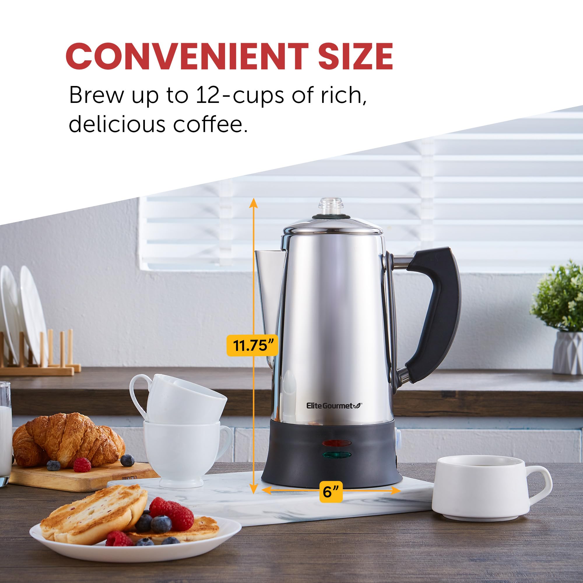 Elite Gourmet EC923 12-Cup Stainless Steel Electric Coffee Percolator - BPA Free, Keep Warm Function, Clear Brew Progress Indicator, Cool-Touch Handle & Cordless Serving - Perfect for Home, Office or Camping Coffee Brewing