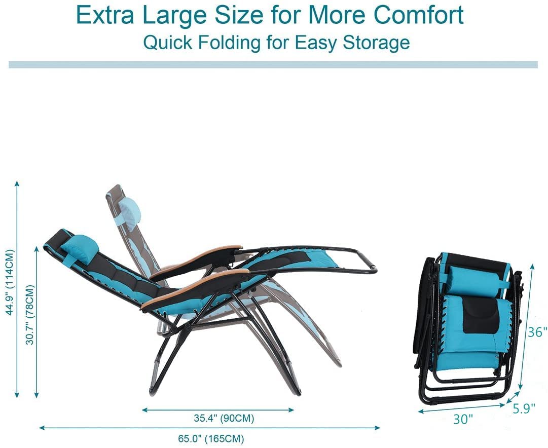 PHI VILLA Outdoor Adjustable Zero Gravity Lounge Chair with Side Table & Pillow - Portable Folding Recliner for Patio, Poolside, Beach & Backyard Relaxation - Aqua Blue