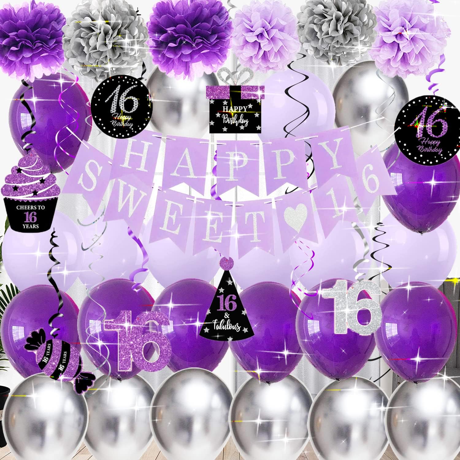 Sweet 16 Birthday Party Decorations - Purple & Silver Black Foil Hanging Swirls Banner for Girls | 16th Birthday Party Supplies | Perfect for Sweet Sixteen Decor, Wall Decorations & Photo Backdrops