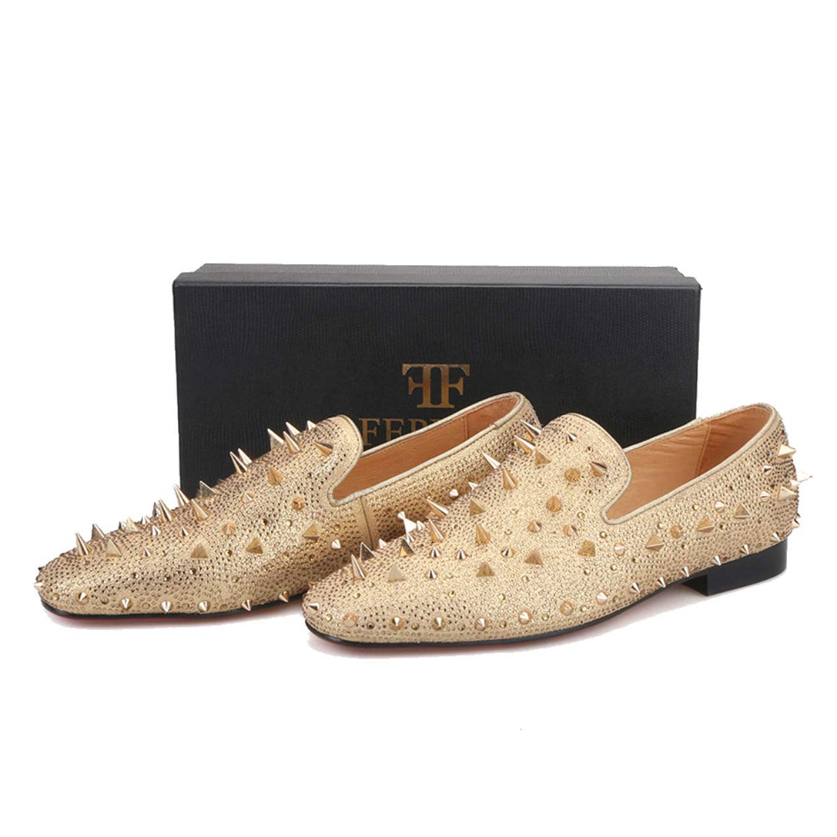 FERUCCI Men's Gold Spike Loafers with Crystal Rhinestones - Stylish Slip-On Shoes for Casual Wear & Evening Outfits