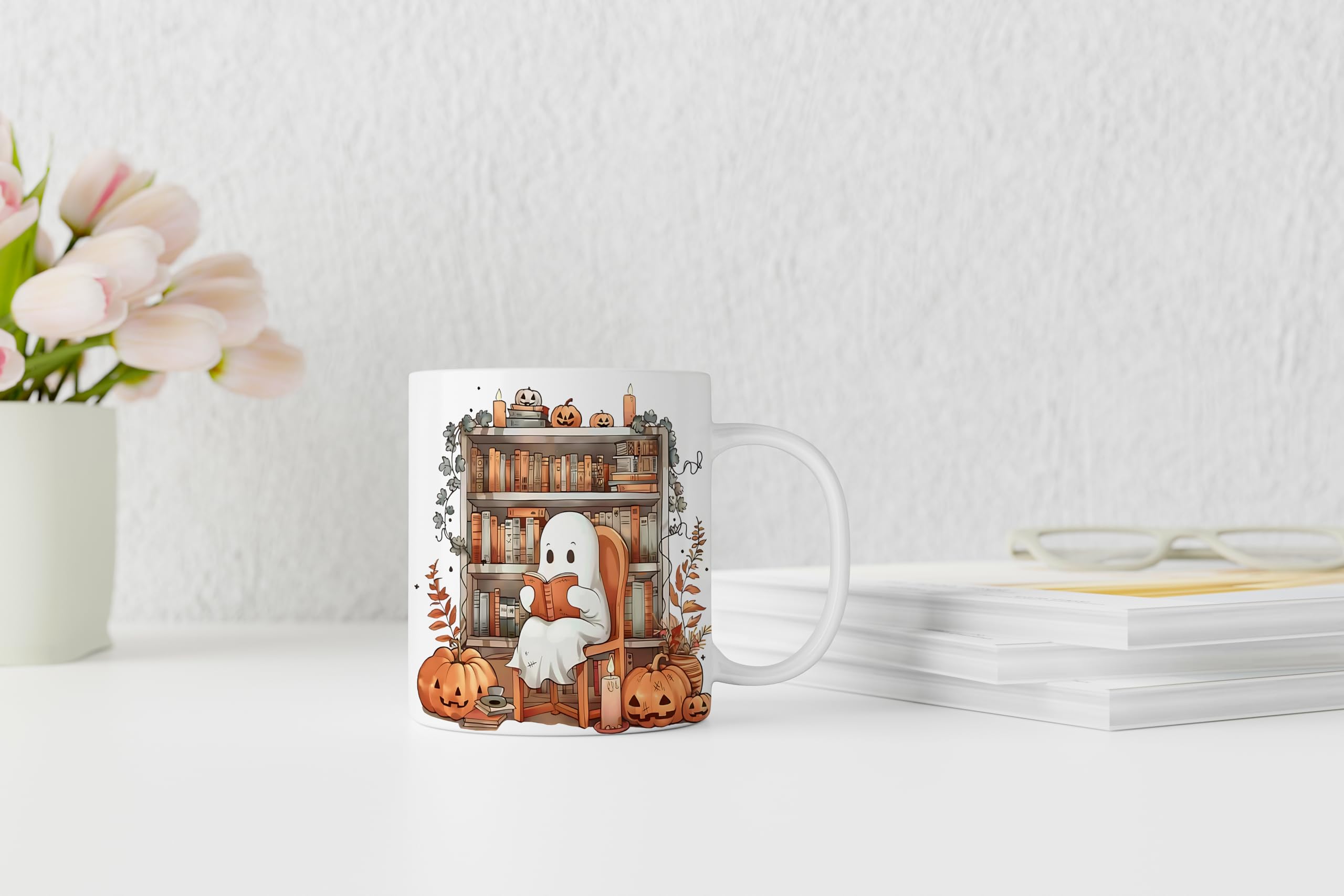 QASHWEY 11oz Halloween Ghost Mug - Spooky Ceramic Coffee Cup for Book Lovers, Perfect Fall Gift for Readers, Halloween Themed Tea Mug - Ideal for Cozy Reading Nights & Pumpkin Spice Lattes