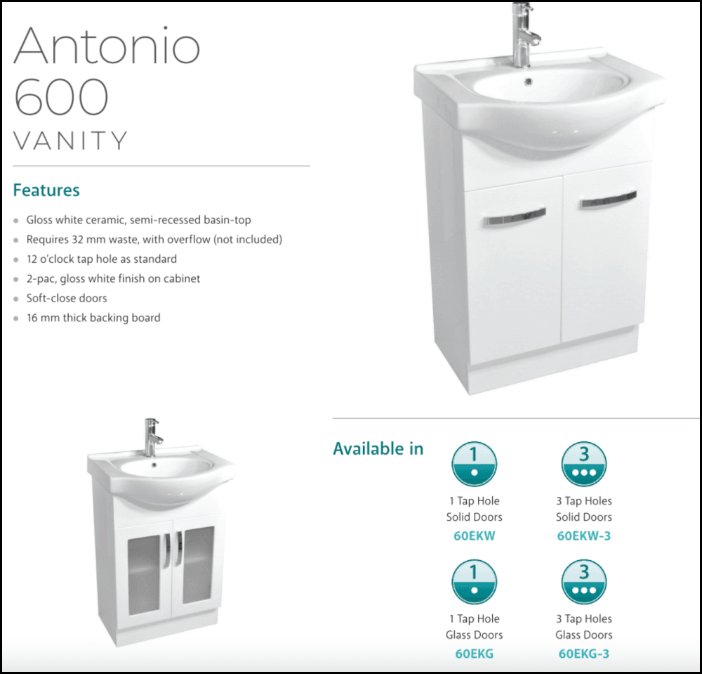 Fienza Antonio 60EKW 600mm White Bathroom Vanity Unit with Sink - Modern Space-Saving Design for Small Bathrooms & Powder Rooms