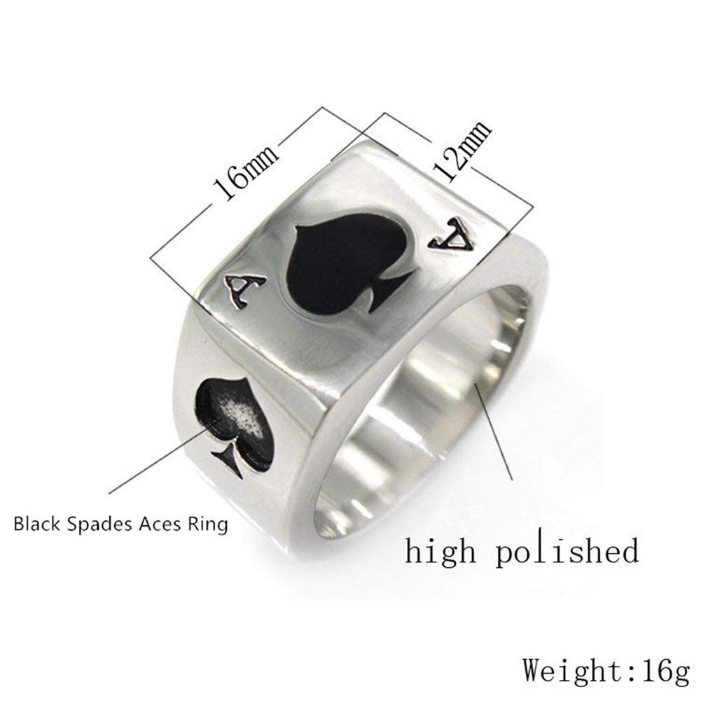 Men's Stainless Steel Spade Ace Rings - Silver & Black Enamel Poker Card Square Band (Sizes 7-13) | Perfect for Casino Nights, Poker Games & Gothic Fashion