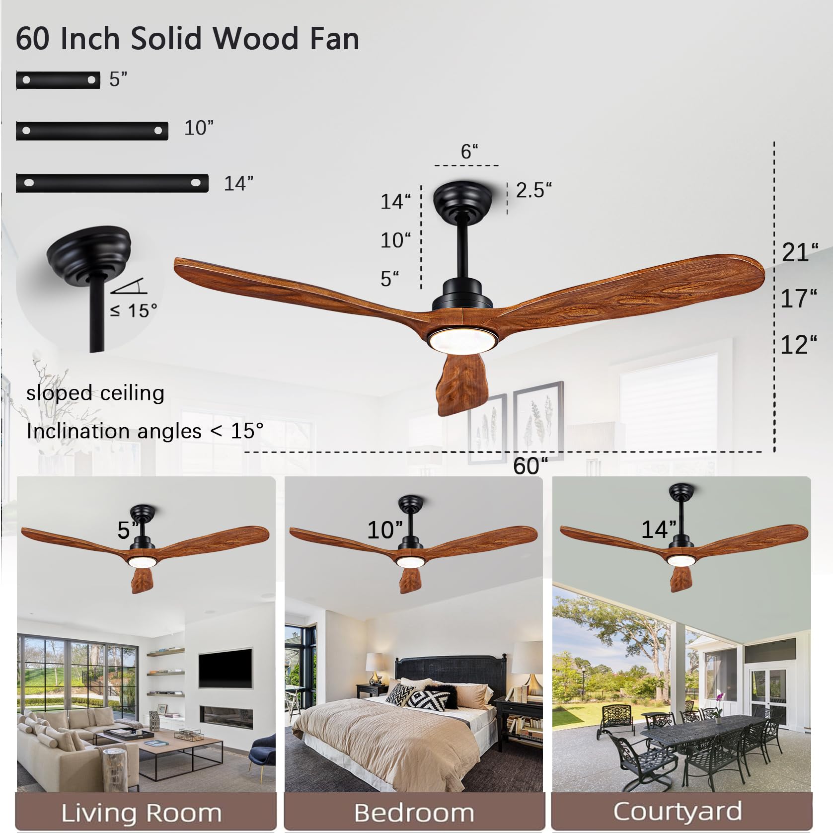 60 Inch Wood Ceiling Fan with Lights and Remote Control - Quiet Reversible DC Motor, 3 Blades & 3 Downrods - Farmhouse, Patio, Living Room, Bedroom, Office - Indoor/Outdoor Use (Black + Walnut) - Perfect for Cooling and Lighting Your Home All Year Round
