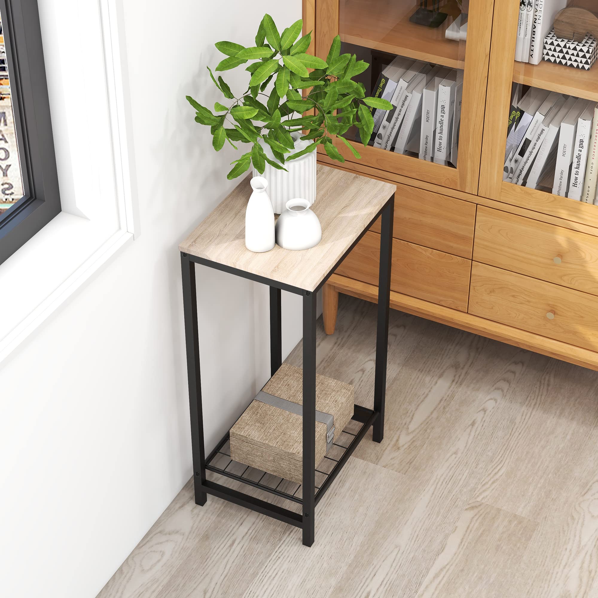 2-Tier Industrial End Table with Durable Metal Frame & Mesh Shelves - Oak Finish Nightstand, Side Table or Coffee Table for Living Room, Bedroom & Office Use