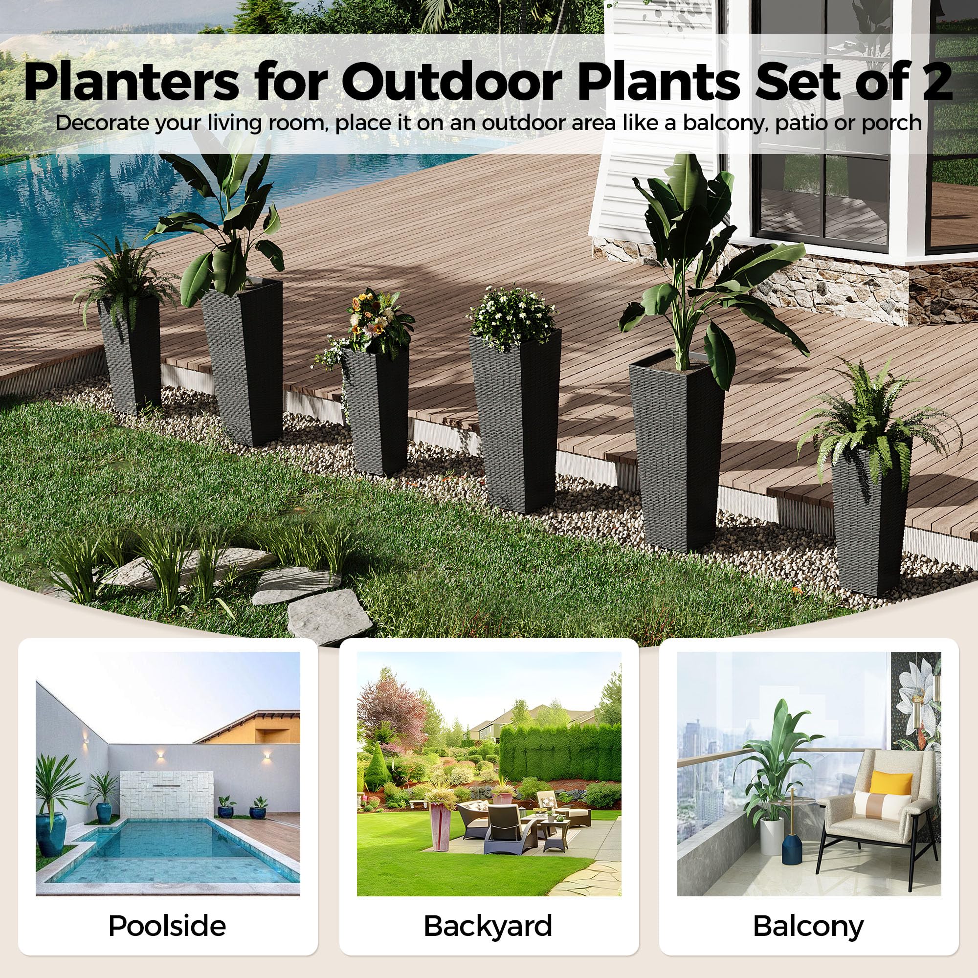 GARVEE 2 Pack Large Indoor Outdoor Planters with Drainage Holes - 24 & 32 Inch Tall Flower Pots for Trees, Plants - All Weather Durable Plant Pots with Removable Insert Bucket (Black) - Perfect for Patio, Garden, and Home Decor