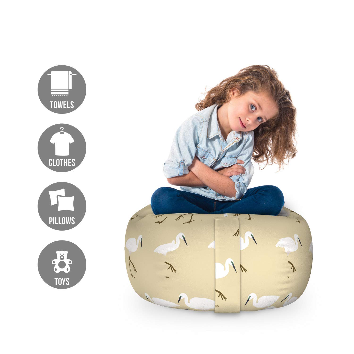 Ambesonne Egret Storage Toy Bag Chair - Washable Stuffed Animal Organizer with Heron Birds Pattern, Small Size in Eggshell Fawn | Perfect for Kids' Room, Nursery, and Playroom Organization