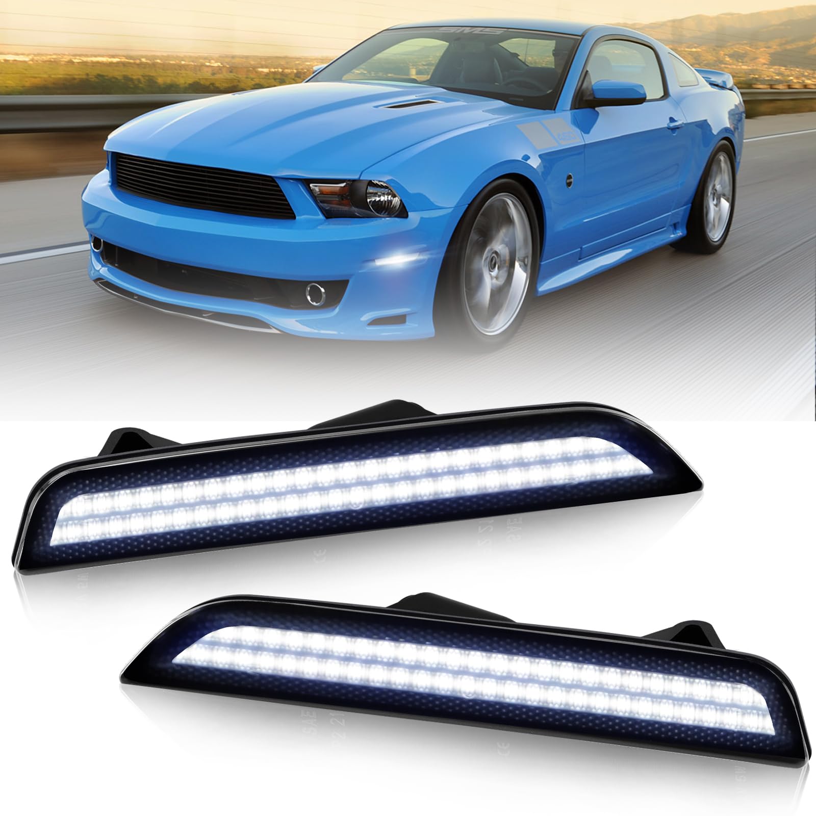 Bestview LED Side Marker Lights for 2010-2014 Ford Mustang - Smoked Lens Front Reflectors, Dual Rows White Light - Driver & Passenger Side Bumper Lights (Pack of 4) - Perfect for Night Driving & Car Customization