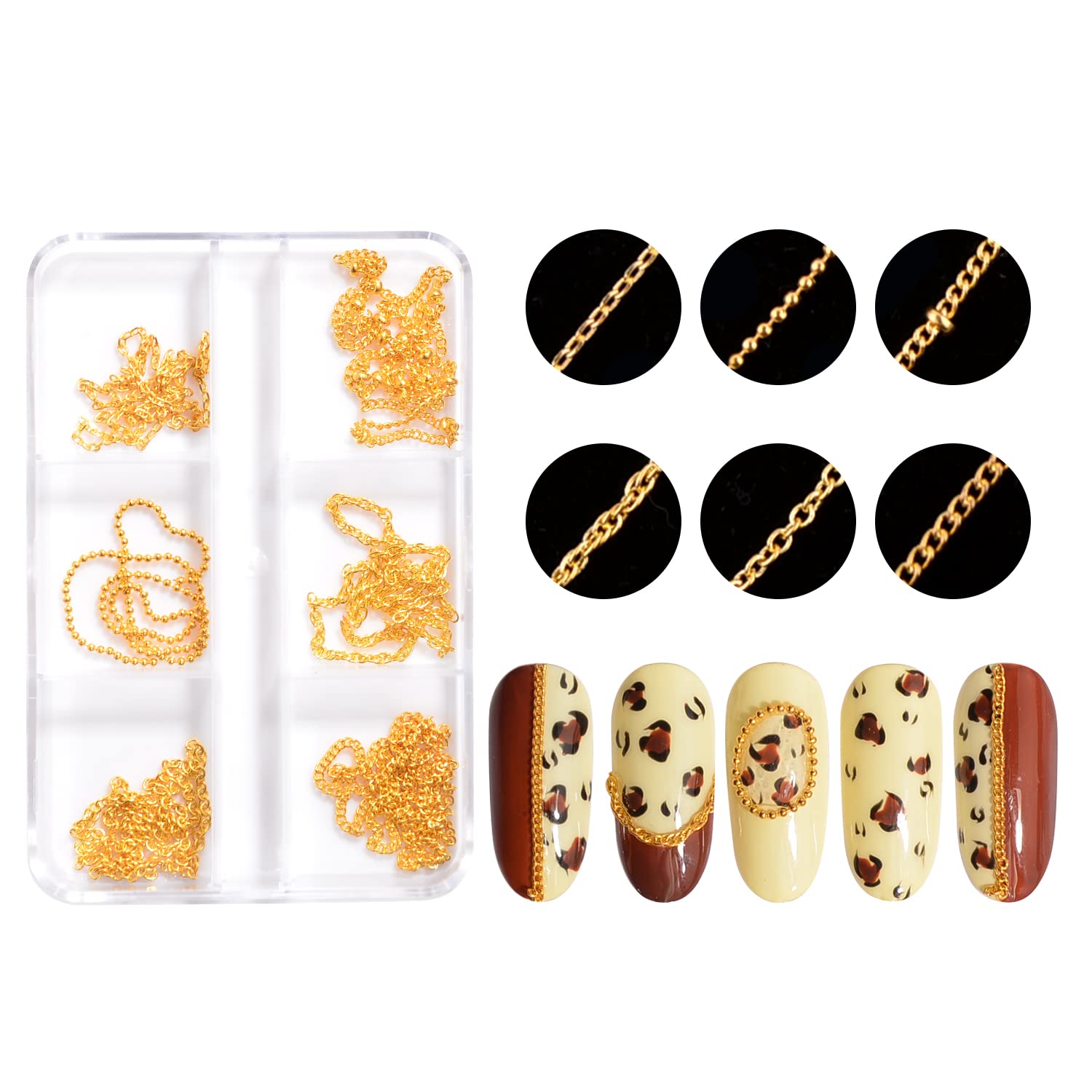 6 Strips 3D Metal Nail Art Chains - Gold Punk Nail Studs & Beads for Nail Art Decoration | DIY Manicure Jewelry Accessories for Punk, Gothic & Party Nail Designs