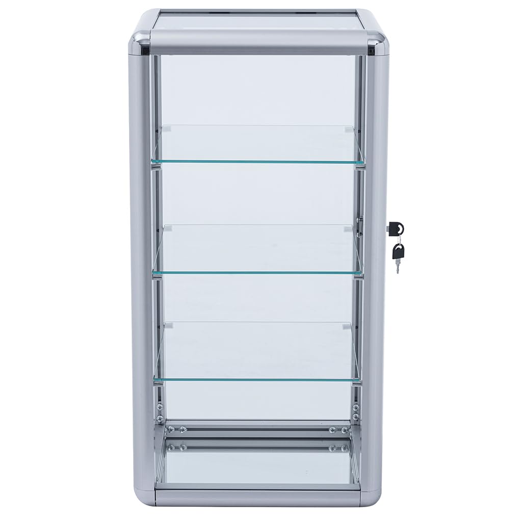 4-Shelf Glass Display Cabinet - Elegant Aluminum Table Top Tempered Glass Showcase with Sliding Door & Lock | Perfect for Bedroom, Living Room Decor | Display Jewelry, Collectibles & Home Decor Items