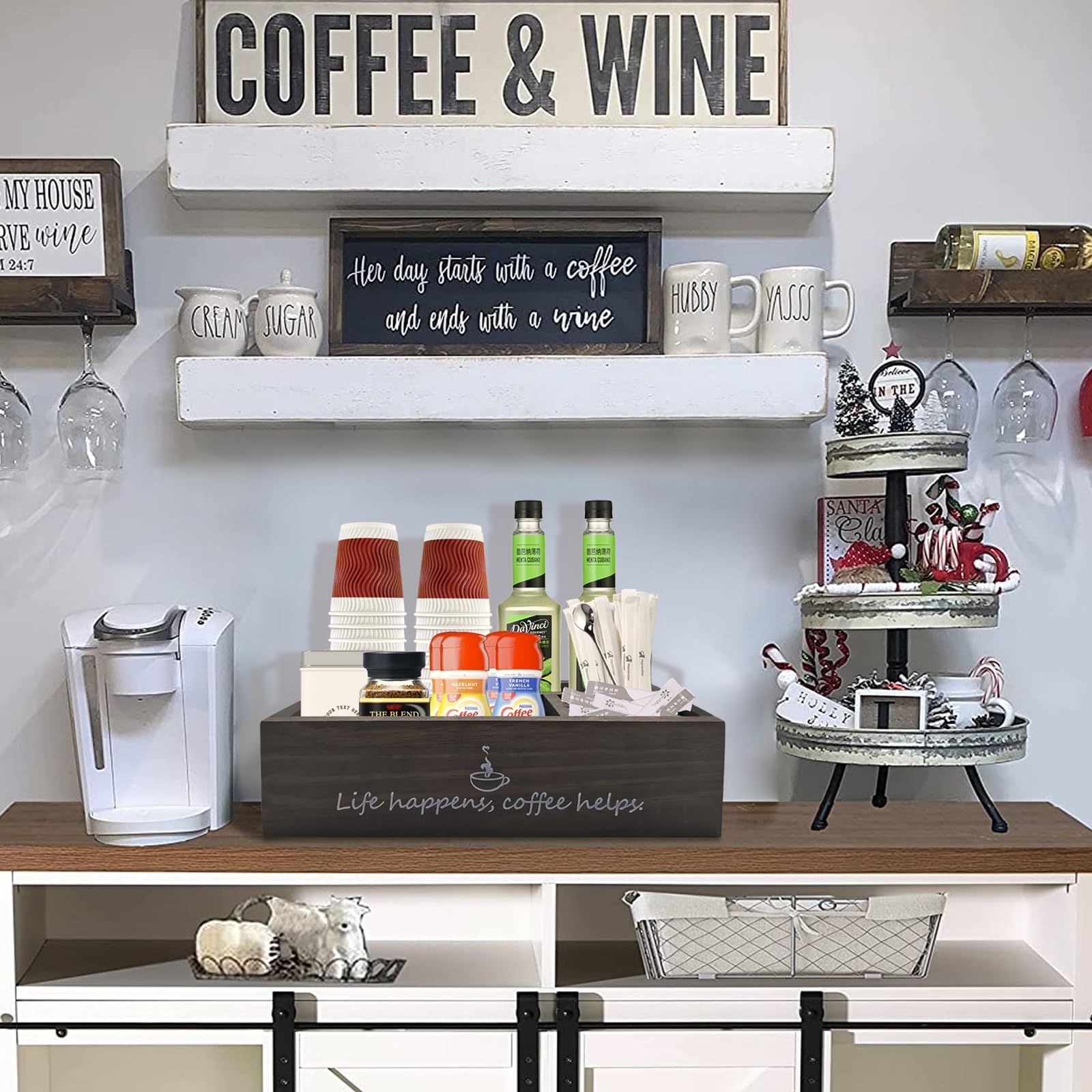 Farmhouse Coffee Station Organizer - Rustic Countertop Decor with K-Cup Pod Holder, Creamer & Paper Cup Storage - Perfect for Kitchen, Office, or Coffee Bar (Black)