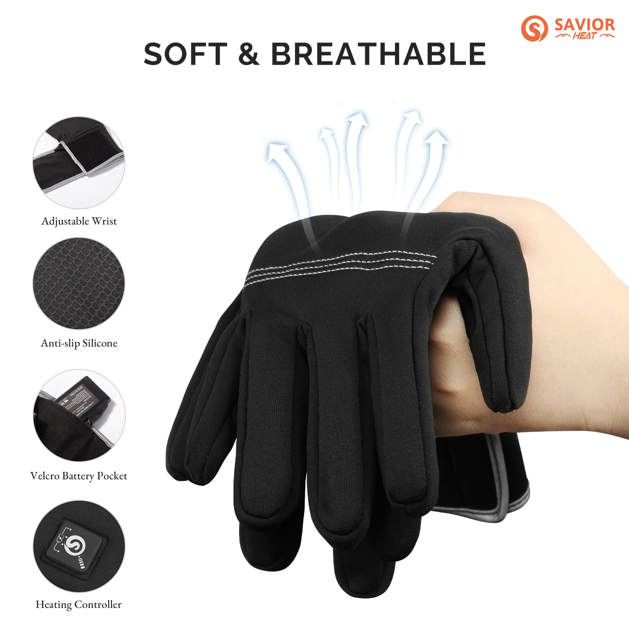 SAVIOR HEAT Electric Heated Gloves for Men & Women - 7.4V Rechargeable Battery Heated Glove Liners - Thin & Warm Winter Gloves for Skiing, Driving, Running, Cycling, Hiking, Camping & Outdoor Activities - Perfect for Cold Weather Work & Typing