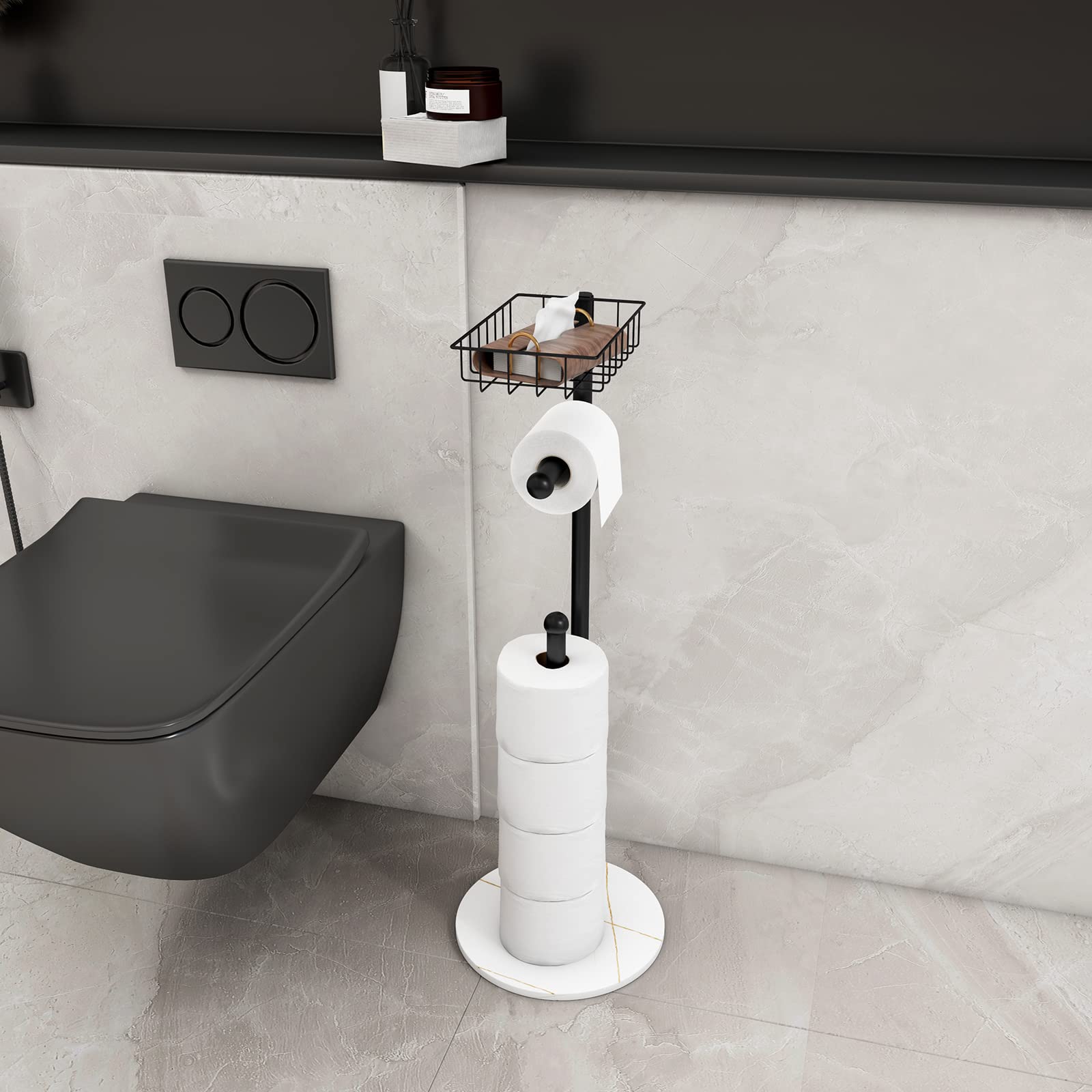 Free Standing Toilet Paper Holder Stand with Shelf - Modern Heavyweight Marble Base Bathroom Tissue Holder for Jumbo Rolls, Black - Perfect for Home, Office, and Guest Bathrooms