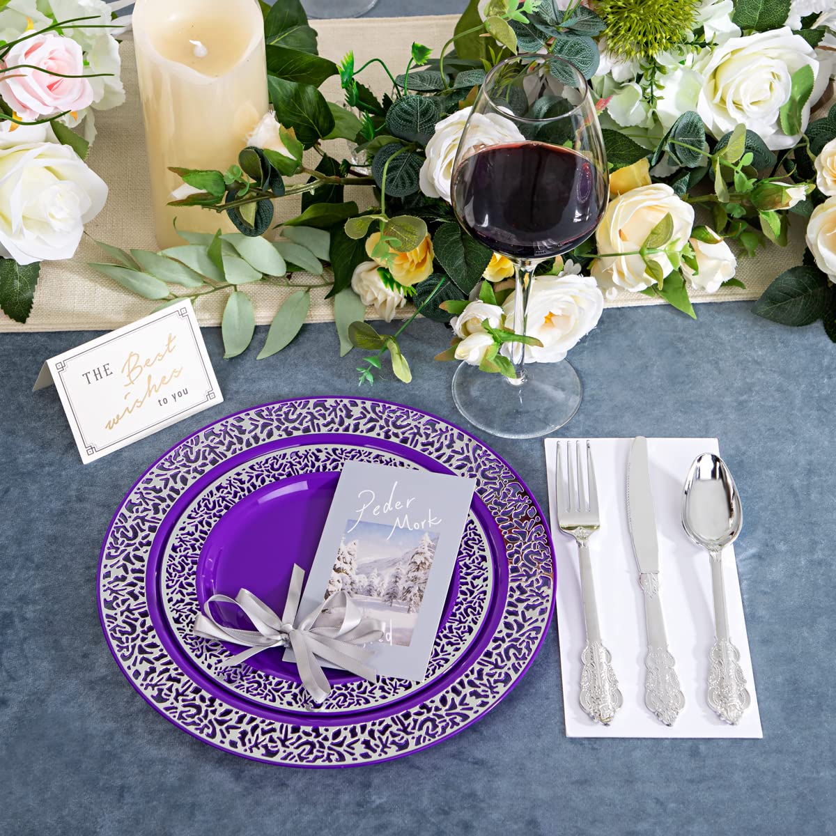 150-Piece Purple & Silver Plastic Dinnerware Set - 30 Plates (10.25