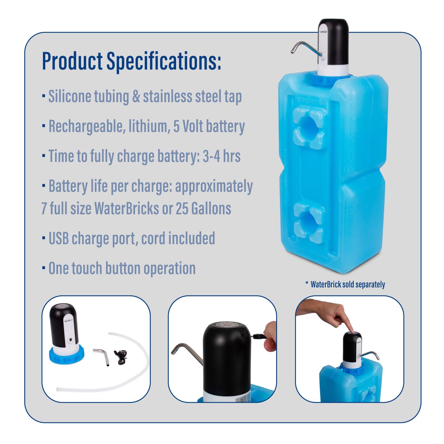 Automatic Water Dispenser Pump for WaterBrick Storage Container - Rechargeable Button-Operated Water Pump with BPA-Free Materials | Perfect for Camping, Emergency Preparedness & Outdoor Activities