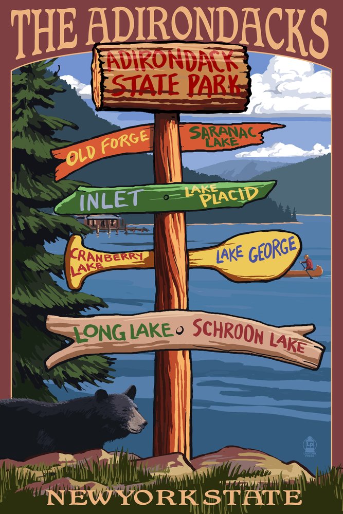 Adirondacks New York State Destinations Sign - 24x36 Signed Art Print, Wall Decor Poster for Home, Office & Cabin Decor
