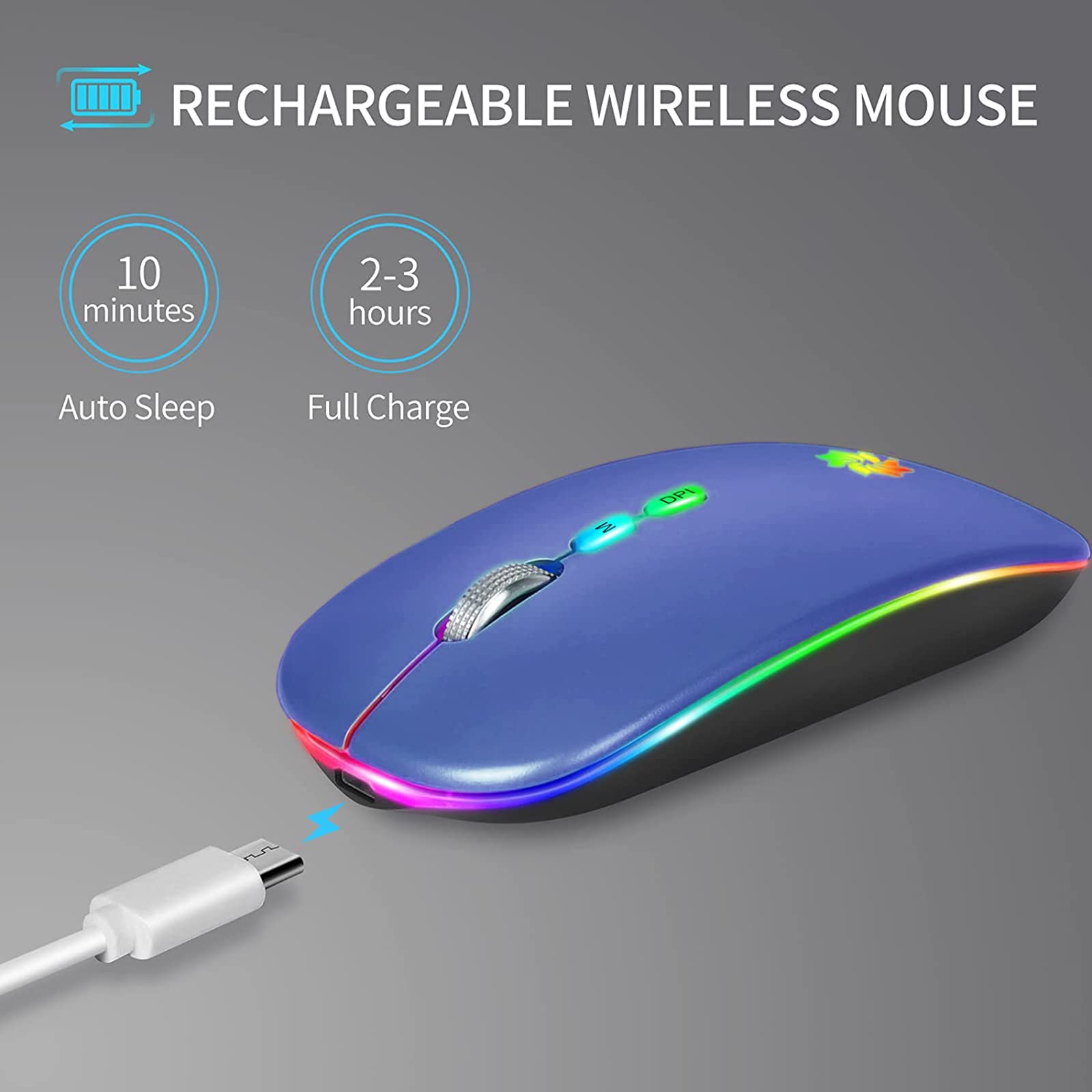 KBCASE Slim Silent Wireless Mouse - 2.4G Rechargeable LED Mouse for Laptop, MacBook, iPad, Chromebook with USB & Type-C Receiver - Perfect for Office, Home, and Travel Use