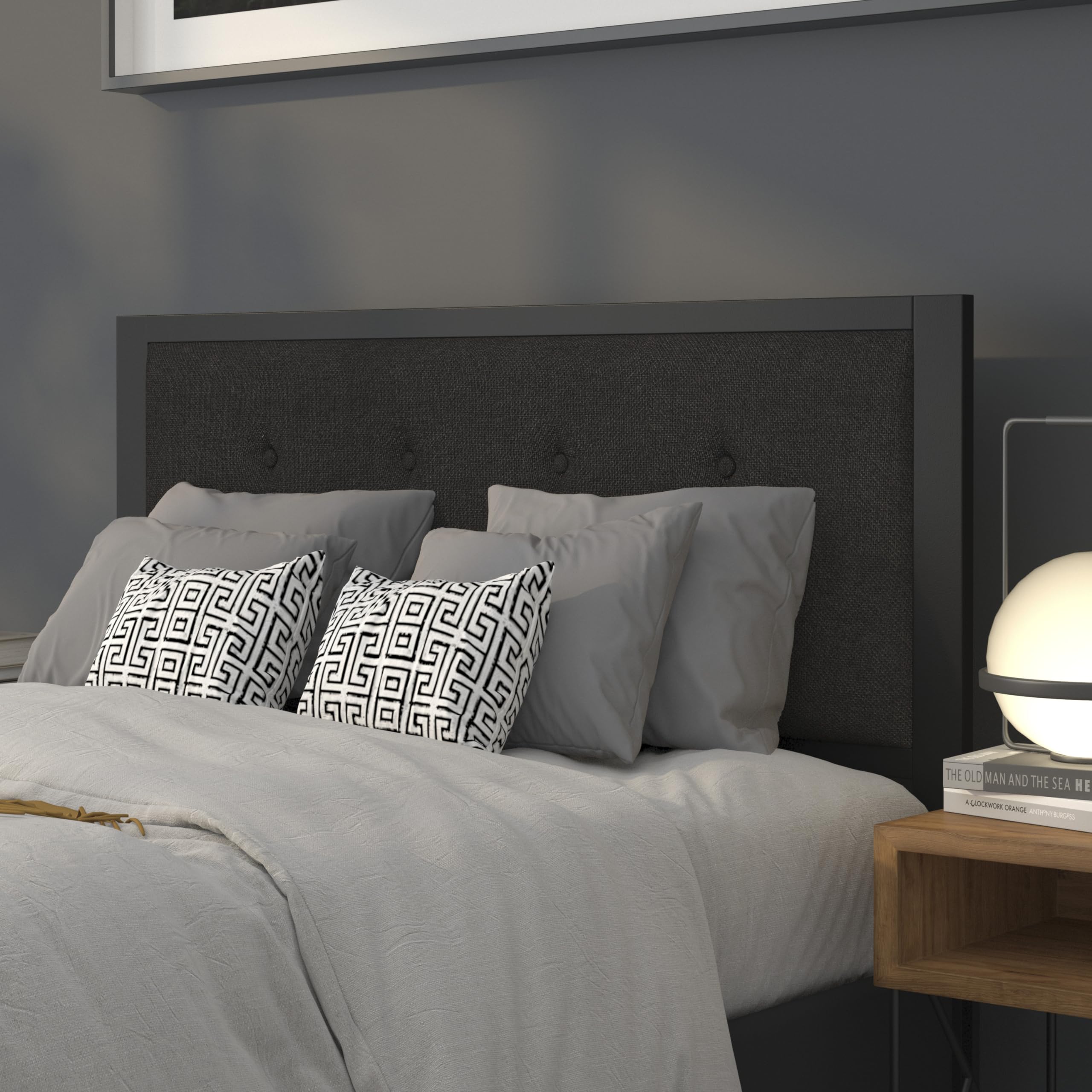 Full Size Upholstered Metal Panel Headboard in Tufted Black Fabric - Queen Bed Frame Accent for Modern Bedroom Decor | Perfect for Master Bedrooms, Guest Rooms & Apartment Living