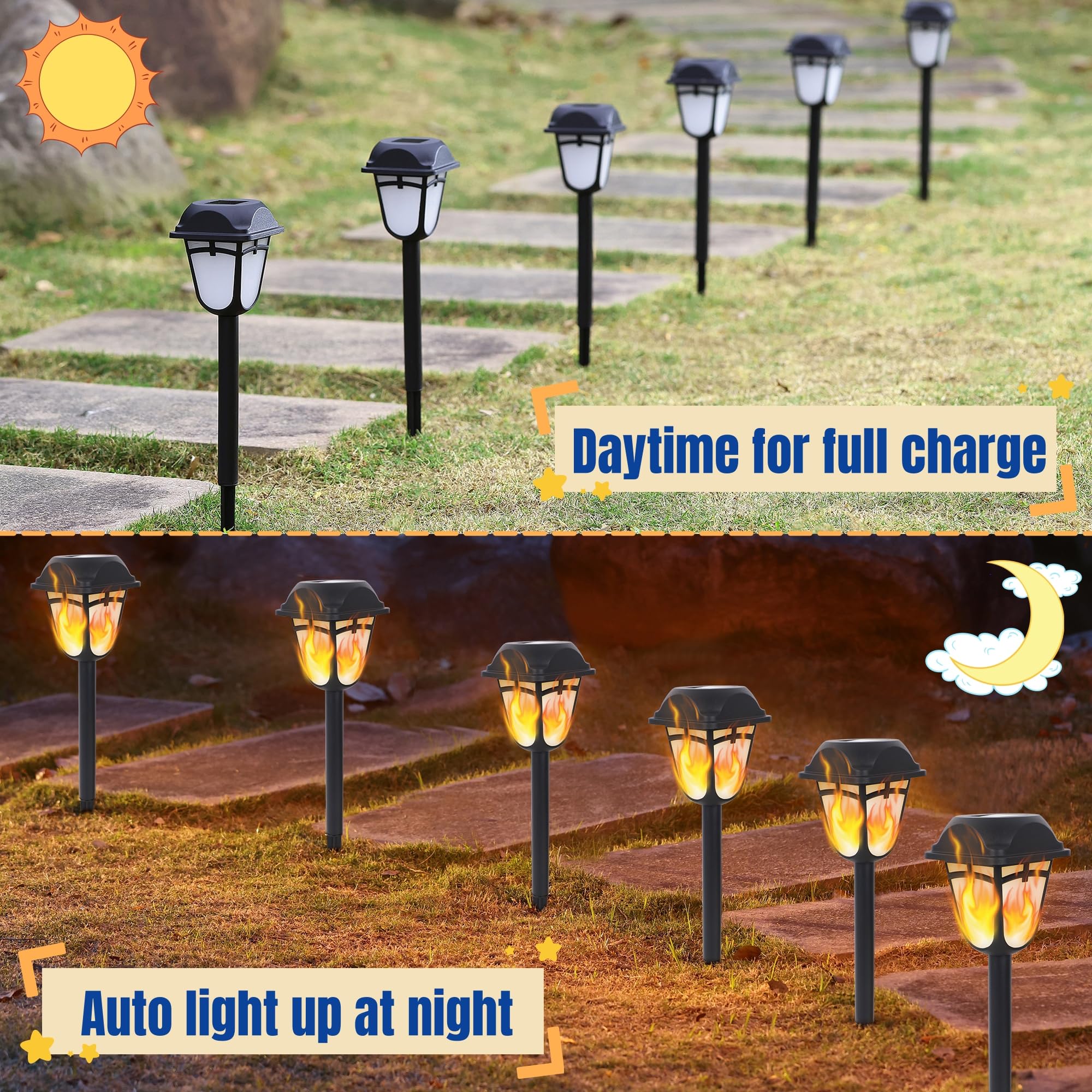 Dynaming Solar Flame Torch Lights Outdoor - 9 Pack Flickering Flame Pathway Lights, Waterproof Auto On/Off Landscape Lighting for Lawn, Patio, Yard, Deck, Driveway - Perfect for Garden Decor, Backyard Parties & Pathway Illumination