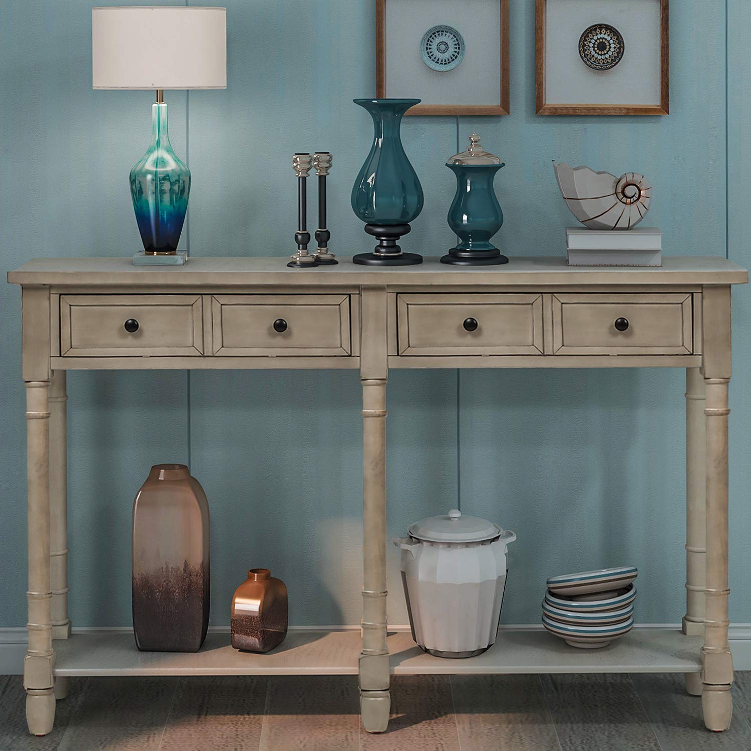 Rustic Gray Wash Wood Console Table with 2 Storage Drawers & Bottom Shelf - Entryway Sofa Table for Living Room, Hallway | Easy Assembly Home Decor for Farmhouse, Apartment & Office Spaces