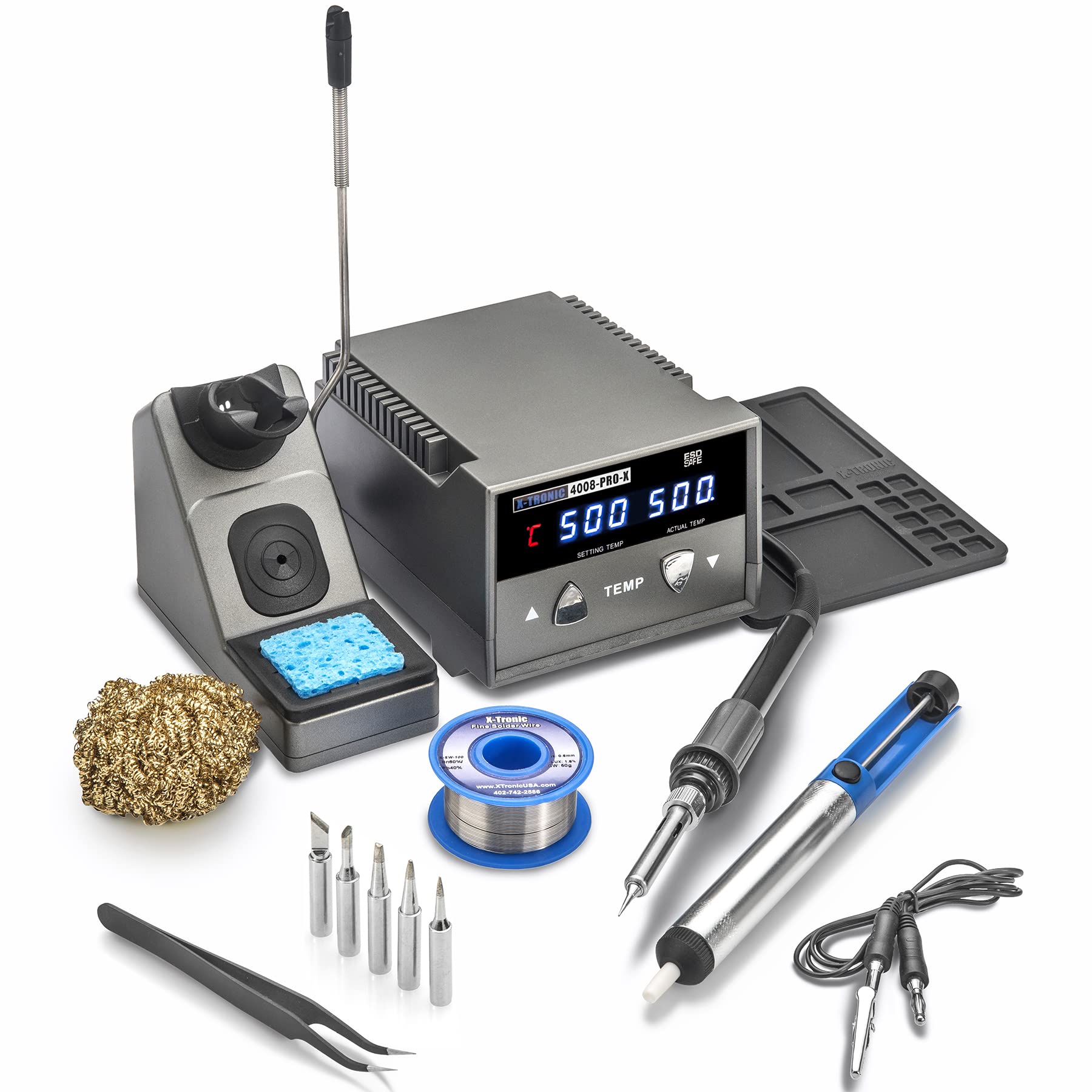 X-Tronic 4008-PRO-X 75W Soldering Iron Station with PID Technology - Adjustable Sleep Timer 0-30 Min, °C/°F Conversion, Mute Function - Includes 5 Extra Tips & 60/40 Solder - Perfect for Electronics Repair, DIY Projects & Hobbyists