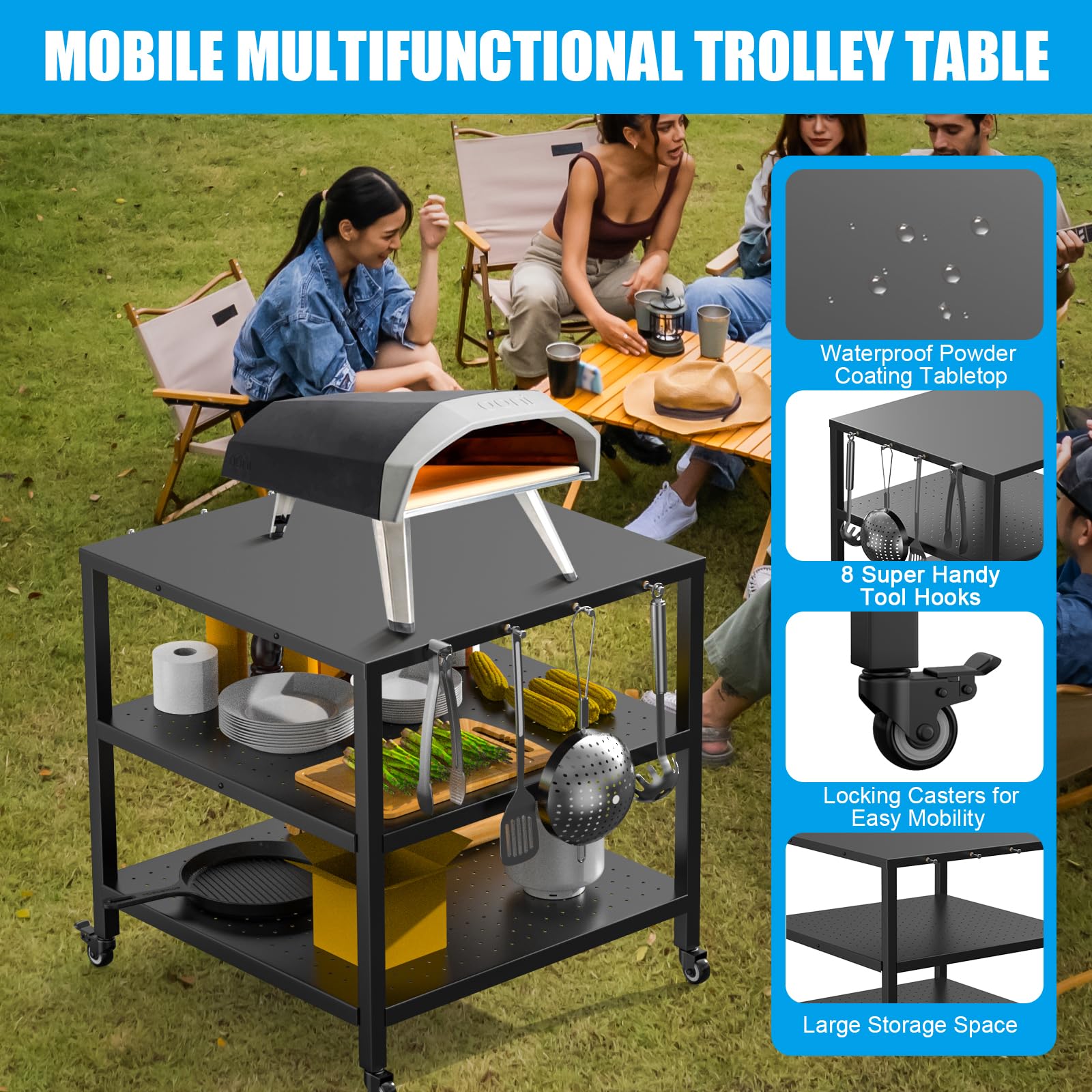 **Portable Outdoor Grill Cart with Pizza Oven & 3-Shelf Storage – Heavy-Duty Rolling BBQ Prep Table with Wheels & Waterproof Cover – Perfect for Backyard Cooking, Camping & Outdoor Dining**