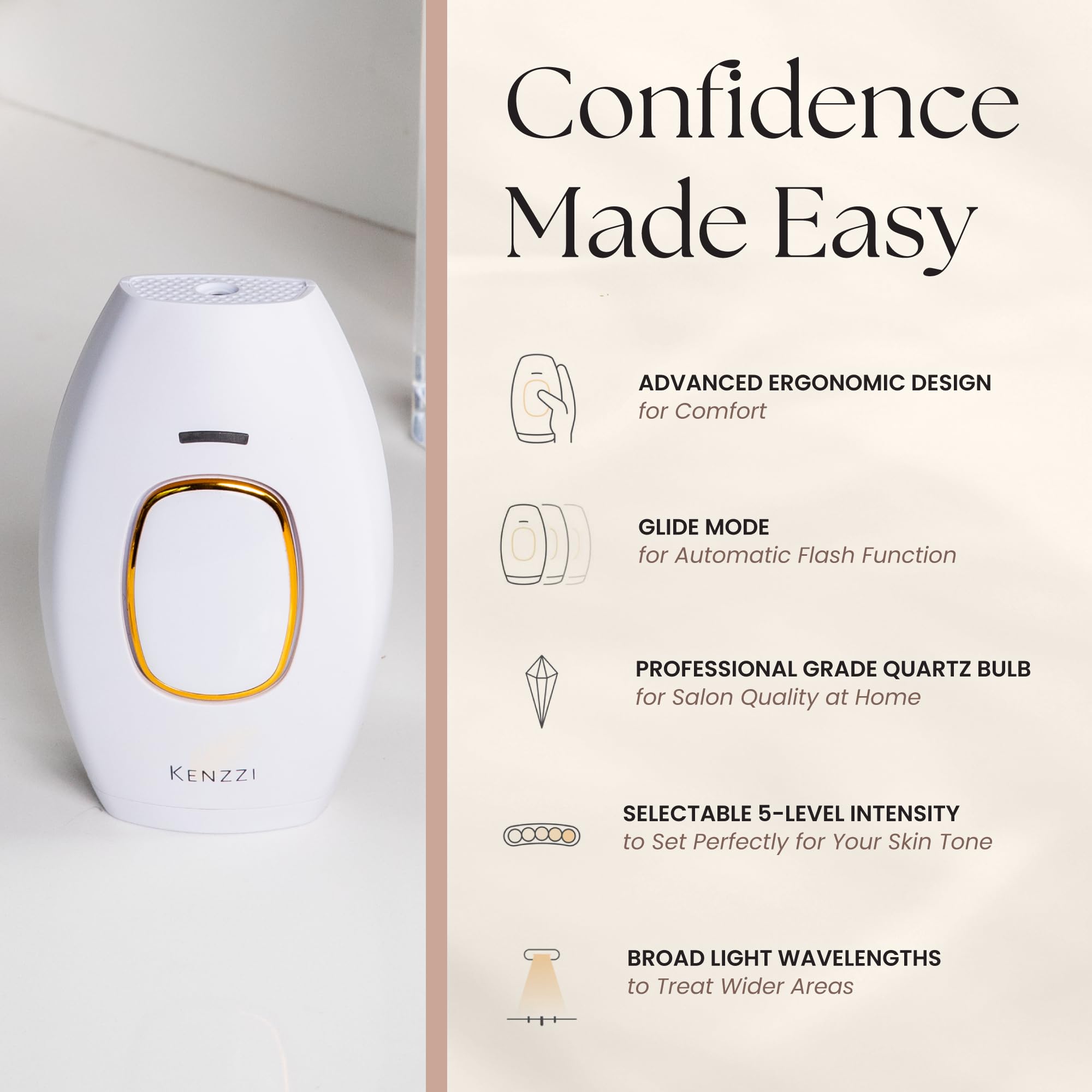 Kenzzi IPL Hair Removal Device for Women & Men - Painless At-Home Laser Hair Removal Handset for Face & Body, Permanent Hair Reduction Alternative to Salon Treatments | Smooth Skin for Bikini, Legs, Underarms & More