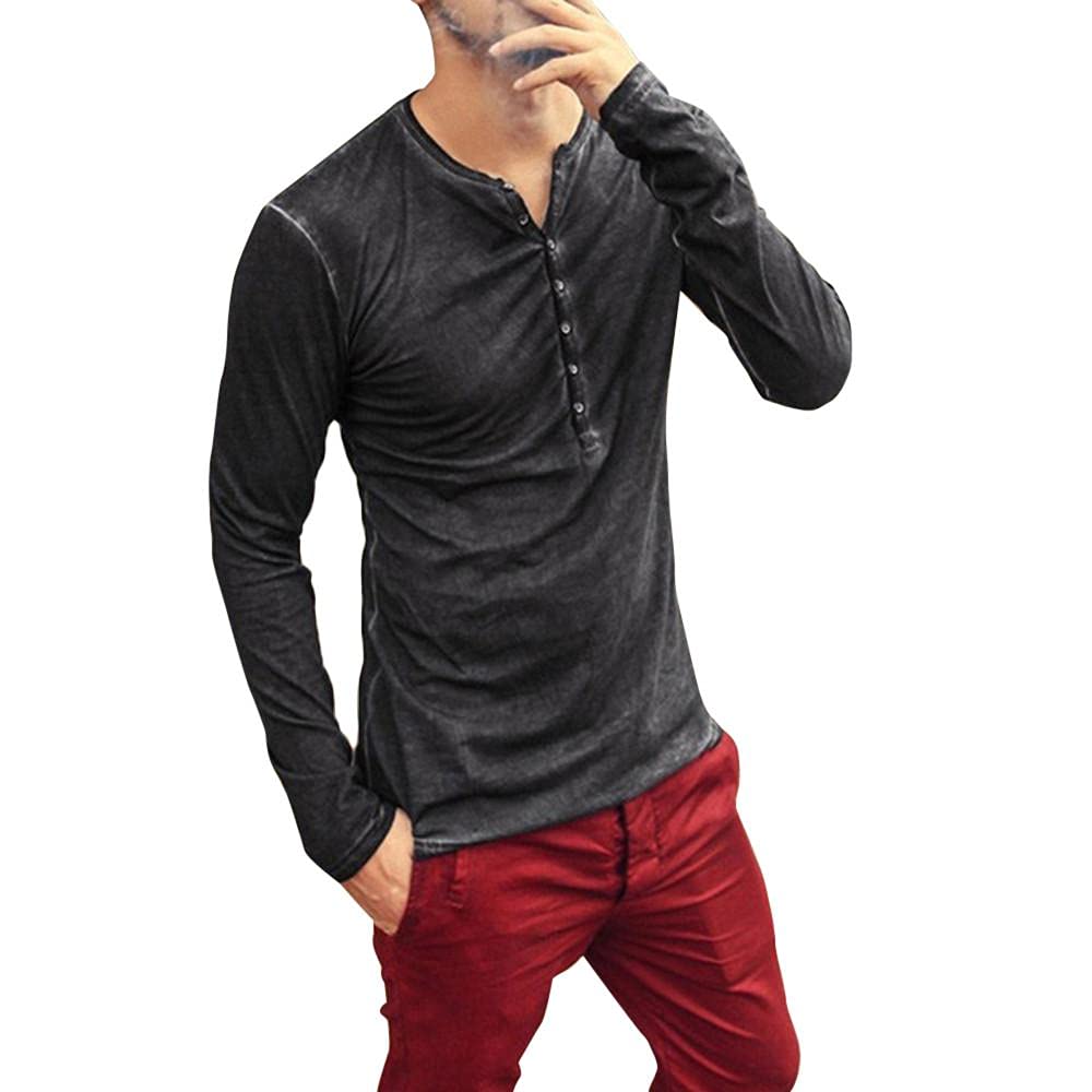 Men's Slim Fit Stretch Cotton Henley Shirt - Long Sleeve Casual Scoop Neck Lightweight T-Shirt for Everyday Wear, Work & Outdoor Activities