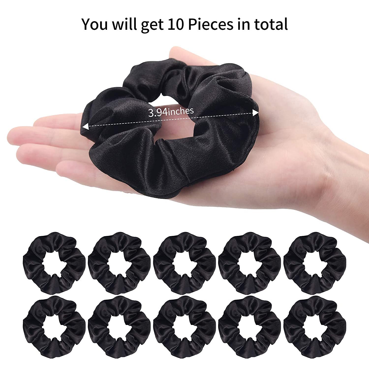 Black Satin Silk Hair Scrunchies - 10 Pack (Large Size) for Women & Girls - Soft & Gentle Hair Ties for Ponytails, Buns & Everyday Use