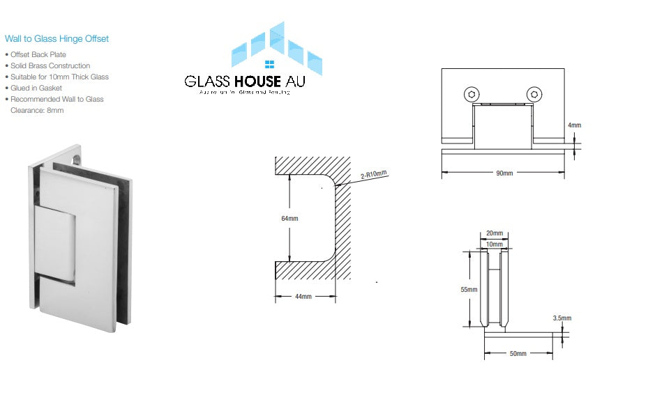 Perth Series Wall to Glass Offset Shower Screen Hinge - Polished Chrome Finish for Modern Bathroom & Shower Enclosures