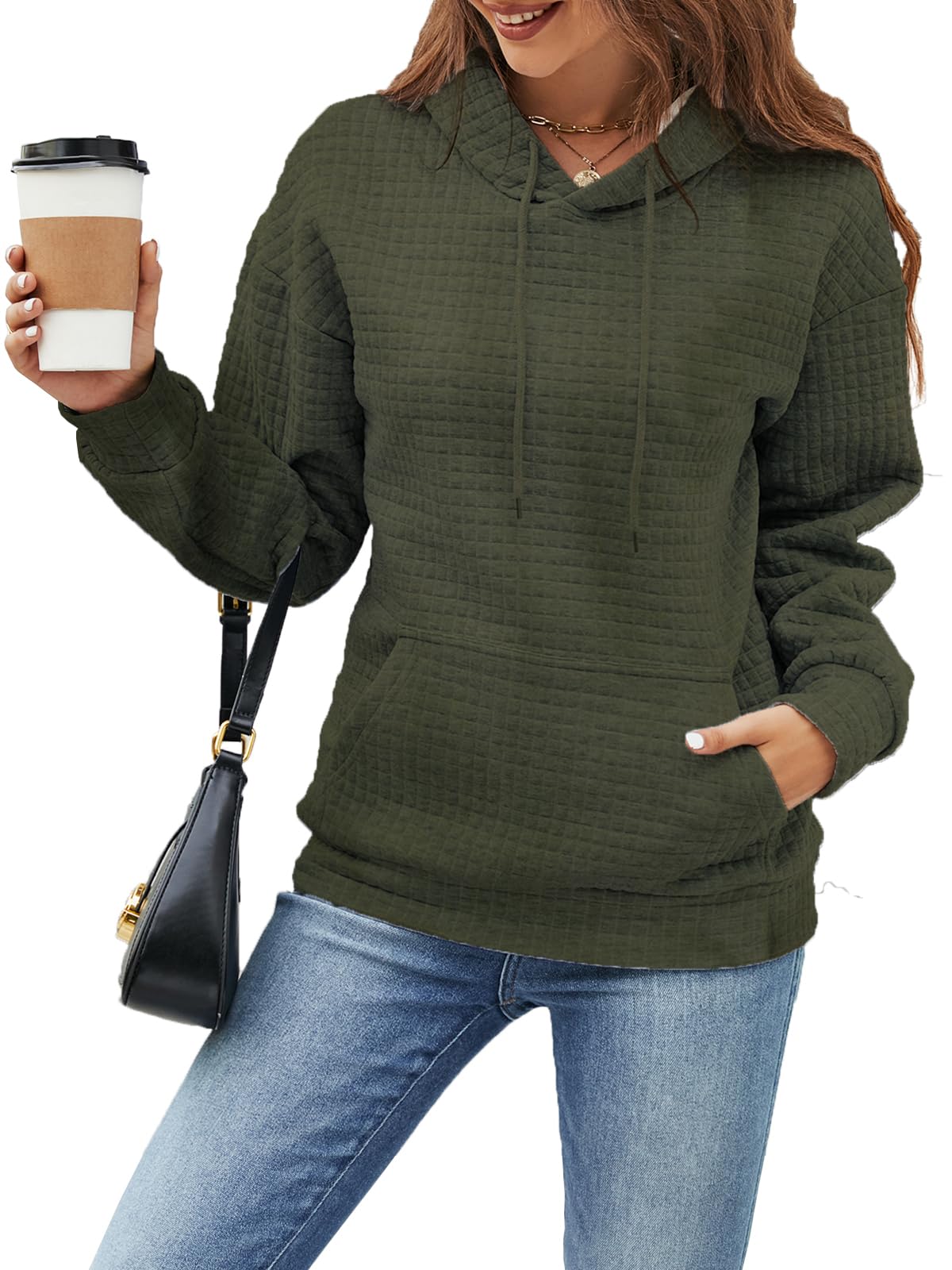 Women's Hooded Sweatshirt - Soft Waffle Knit Pullover with Drawstring for Fall & Winter | Trendy Comfortable Casual Wear for Everyday, Outdoors & Travel