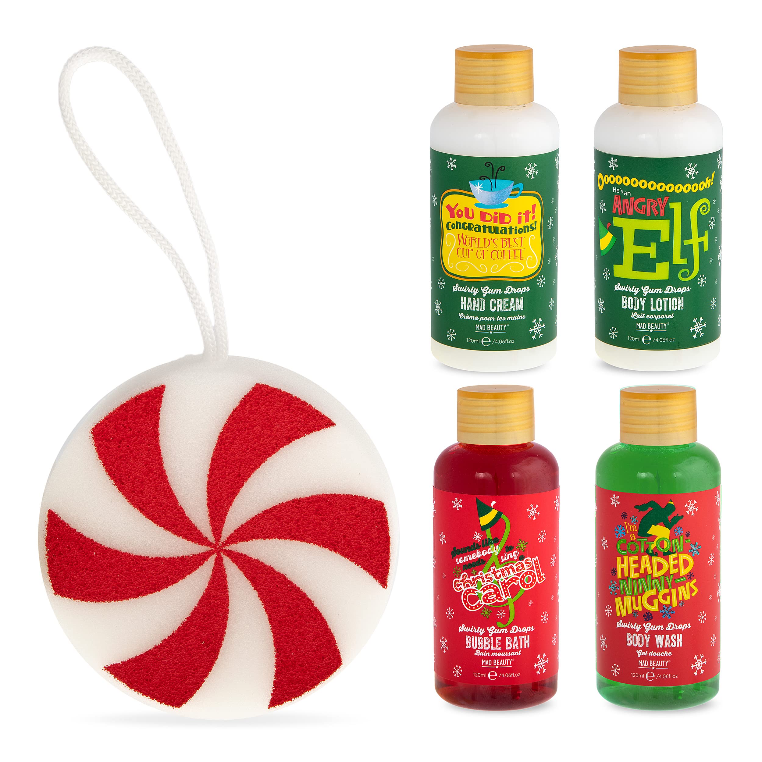 **MAD Beauty Warner Bros Elf Gimbels Bath & Body Set - Swirly Gum Drop Scented Body Wash, Bubble Bath, Lotion & Hand Cream | Travel Size Skincare Gift Set for Holidays & Self-Care**