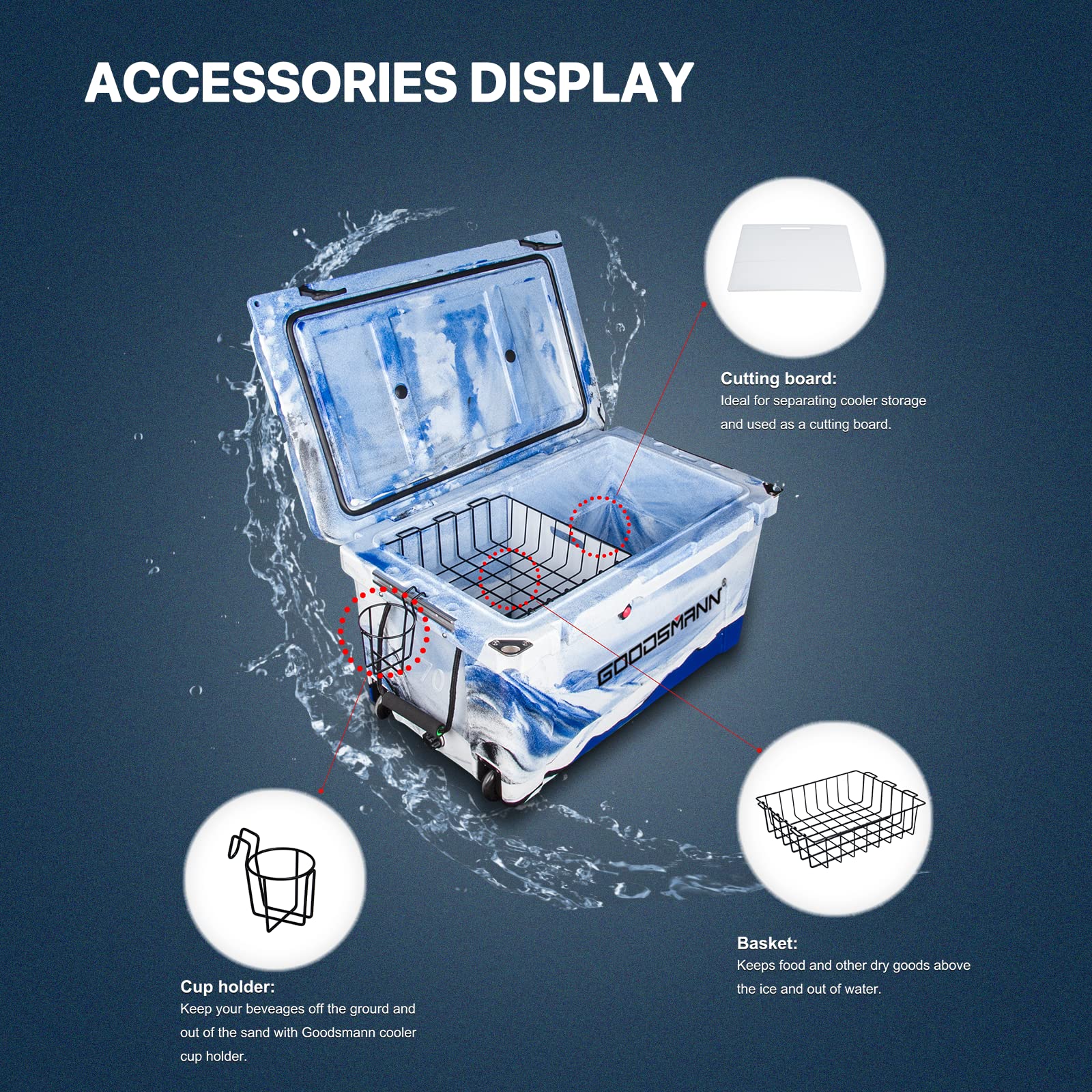 GOODSMANN 70 Quart Heavy-Duty Roto-Molded Cooler - Insulated Ice Chest for Camping, Fishing, Hunting & Outdoor Adventures with Basket, Cup Holder & Cutting Board | Portable Cooler Box for Picnics, Beach Trips & Tailgating