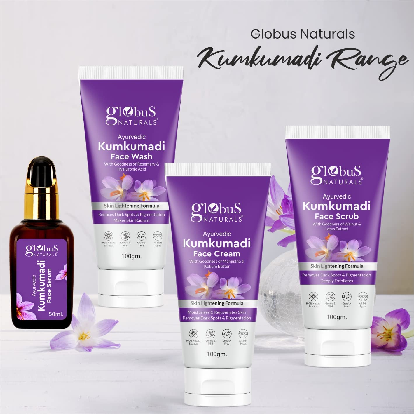 Globus Naturals Ayurvedic Kumkumadi Skin Lightening Face Serum with Walnut & Lotus Extract - Chemical Free, Cruelty Free, Vegan, All Skin Types - 50ml | Brighten Dull Skin, Reduce Dark Spots & Even Skin Tone for Daily Glow