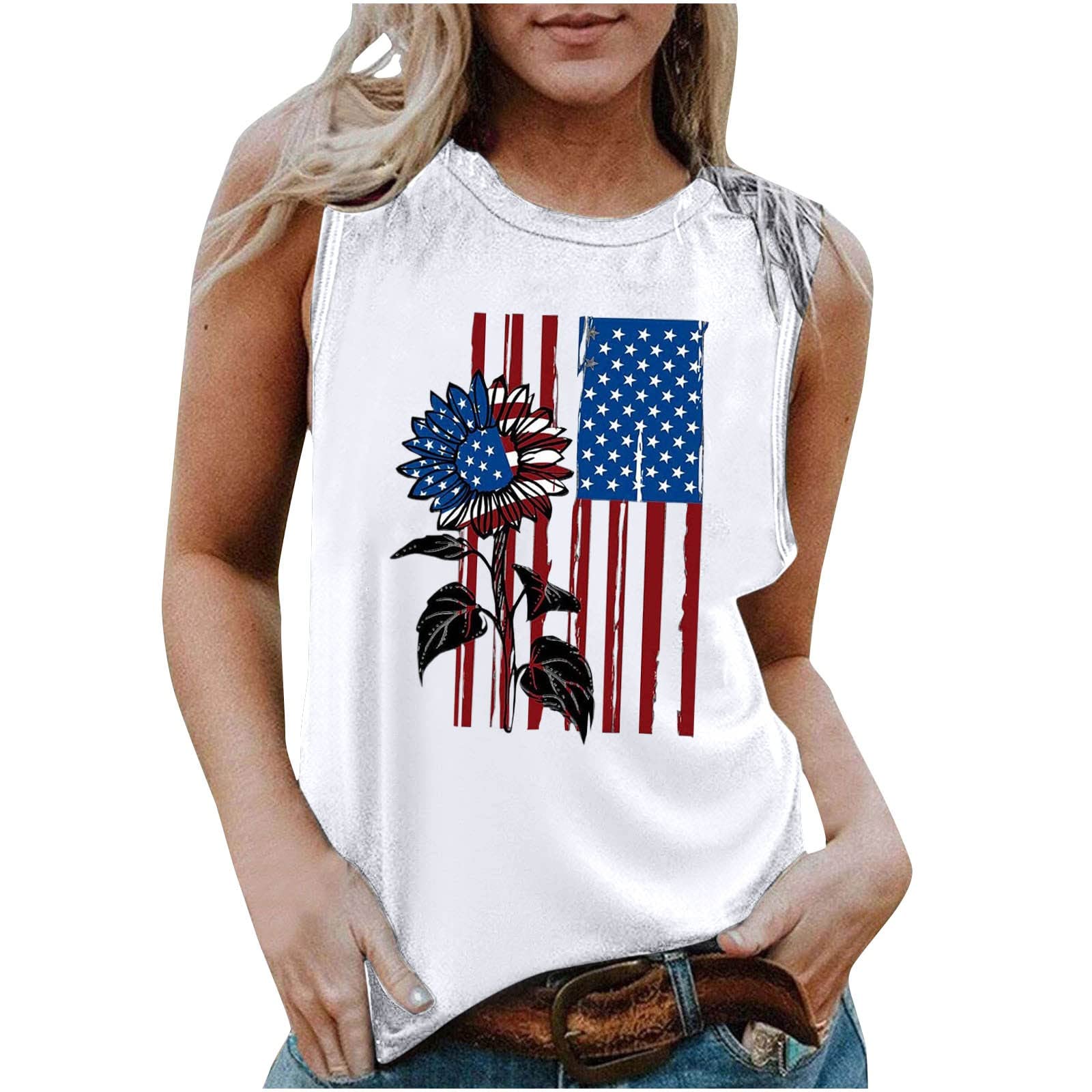 American Flag Tank Top for Women - Patriotic Sleeveless Crew Neck Tee for 4th of July, Summer Outfits & Casual Wear | Fashionable & Sexy Camisole Shirt