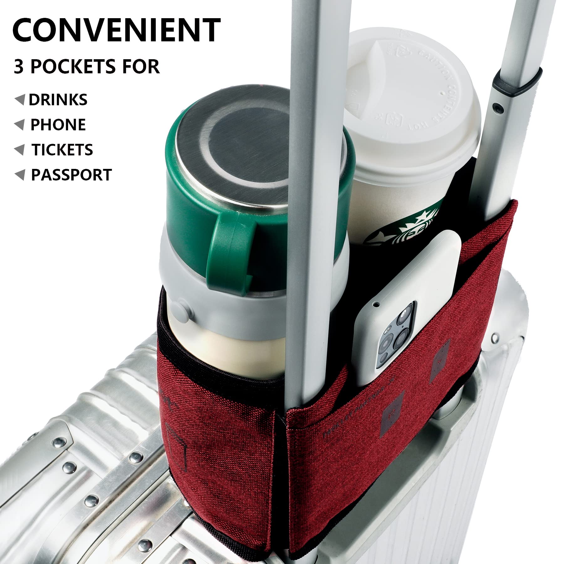 Premium Riemot Travel Cup Holder - Dual Coffee Mug Carrier for Suitcase Handles | Hands-Free Drink Holder for Airplane, Car & Commuting | Perfect Gift for Flight Attendants & Frequent Travelers (Red)