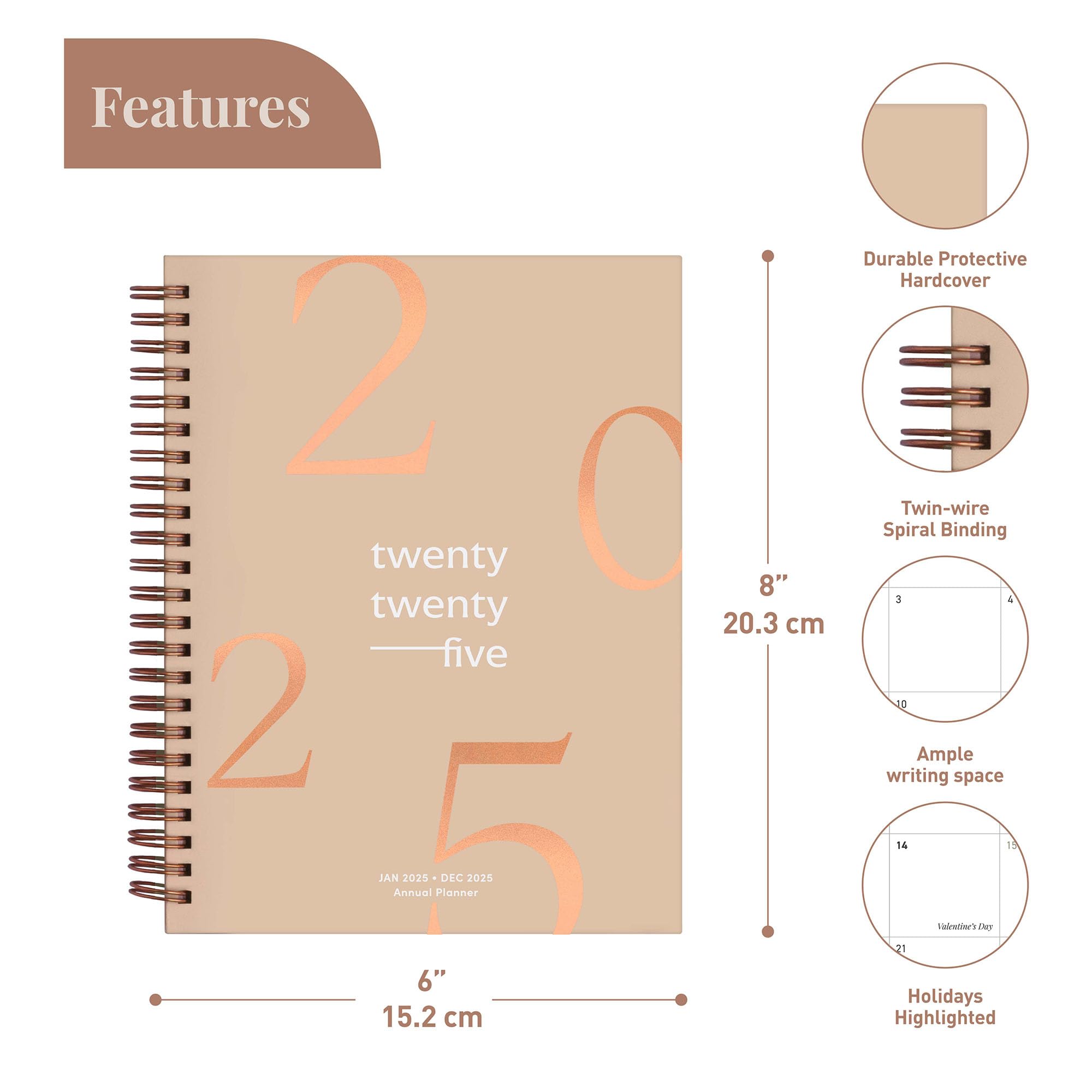 Rileys & Co 2025 Floating Weekly Planner - Jan-Dec 2025, 6x8 Inch Beige Flexible Cover Planner with Monthly & Weekly Layouts, Notes Pages & Twin-Wire Binding | Perfect for Work, School & Personal Organization