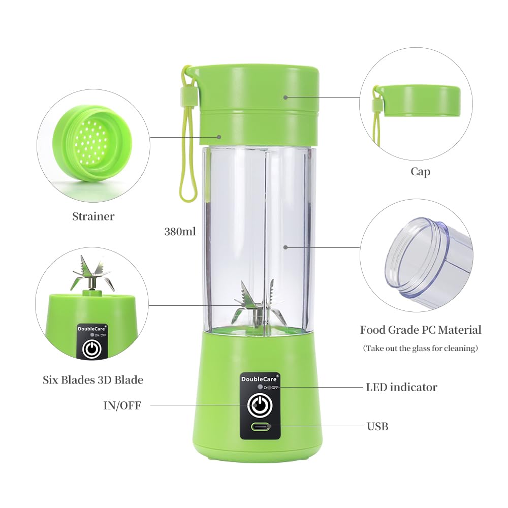 Portable USB Electric Blender Cup - 380ml Mini Blender for Smoothies, Juices & Shakes with 6 Blades, Rechargeable Travel Blender (Green) | Perfect for Gym, Office, Travel & Healthy On-the-Go Lifestyle