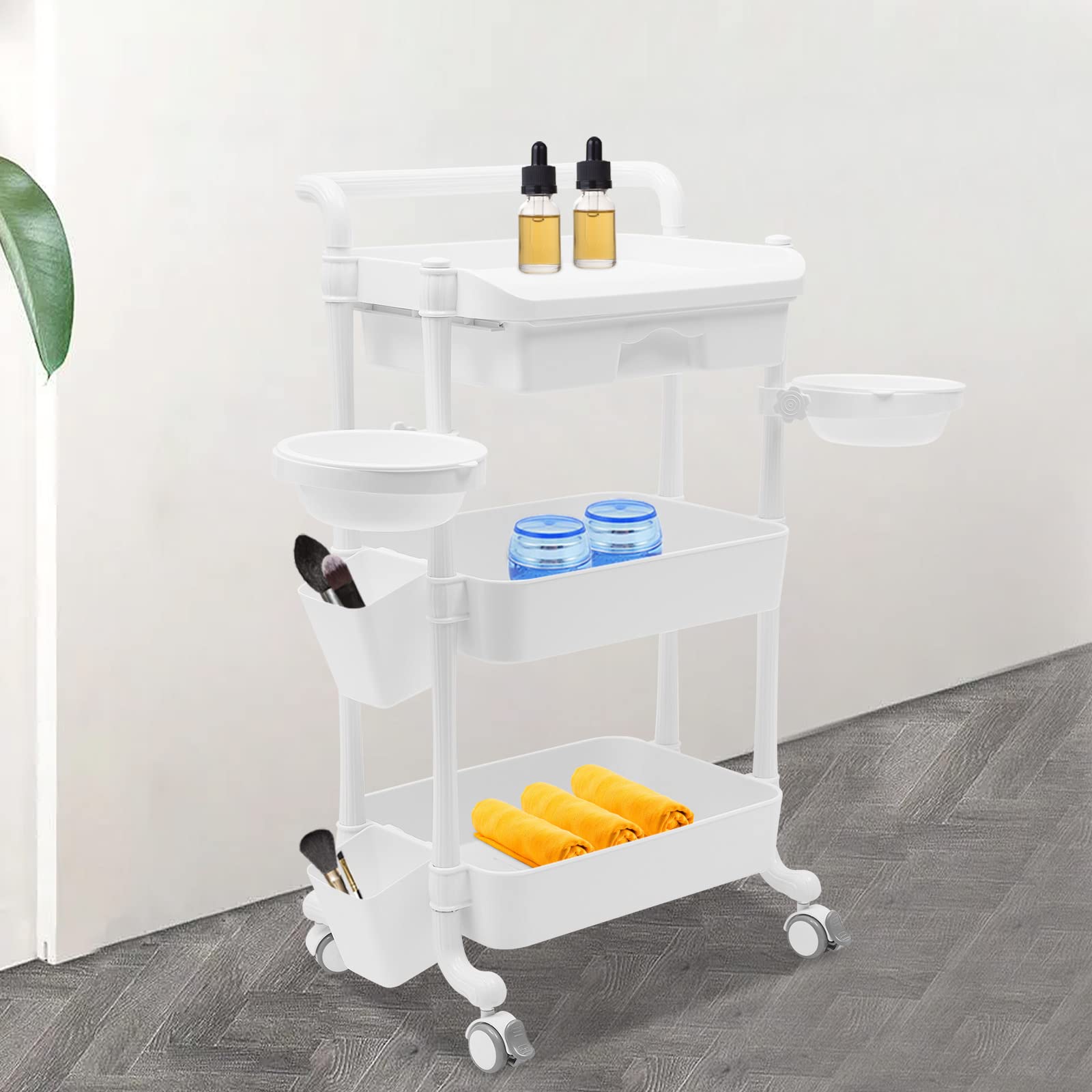 3-Tier Rolling Salon Trolley Stand - Beauty & Spa Storage Organizer with Wheels - Mobile Service Cart for Hair Salon Tools & Equipment - 330lbs Capacity - 18.9x13x33.3 Inches (White) - Perfect for Salon Styling, Spa Treatments & Professional Beauty Services