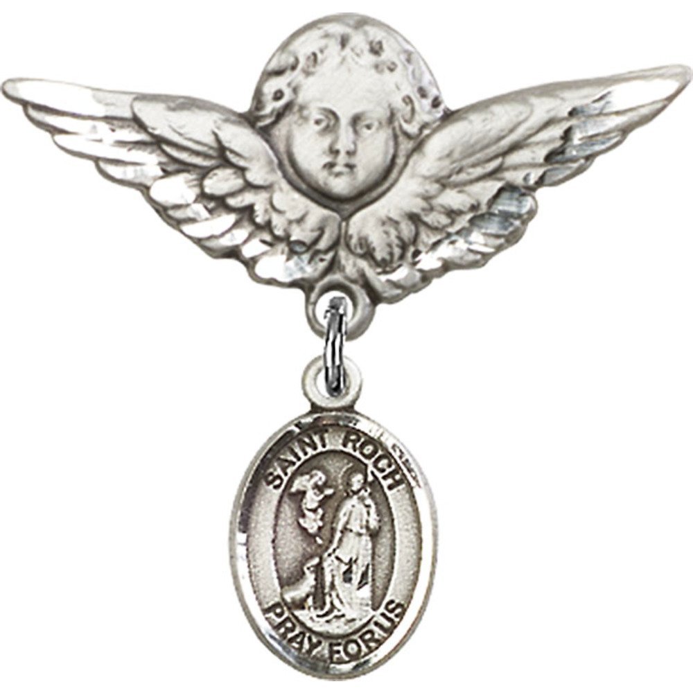 1 1/8 Inch Sterling Silver Baby Badge with St. Roch Charm & Angel Wing Pin - Religious Jewelry for Baptism, Christening & First Communion Gifts