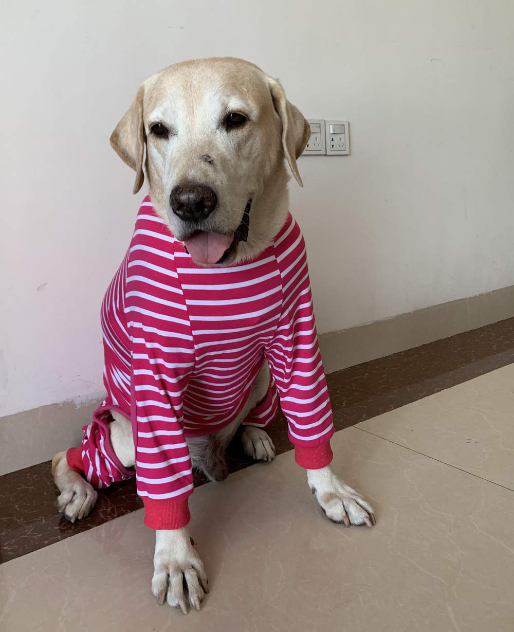 Large Dog Striped Jumpsuit - 4-Legged Cotton Pajamas with Zipper for XL Dogs (Size 9, Pink) | Warm Pet Clothes for Winter, Halloween Costume & Indoor Lounging